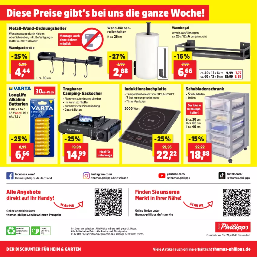 Aktueller Prospekt Thomas Philipps - von 30.09 bis 05.10.2024 - strona 20 - produkty: abholpreise, alle preise sind abholpreise, angebot, angebote, auto, batterie, batterien, Clin, discount, eis, Garderobe, Garten, Handy, HP, Kocher, koffer, küche, Küchen, küchenrolle, küchenrollen, lamm, latte, longlife, papier, regal, reis, Ria, rwe, Schrank, schrauben, schubladen, Ti, timer, tisch, wandregal, Yo