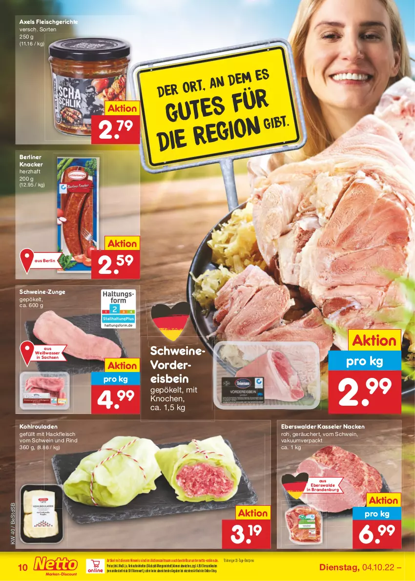 Aktueller Prospekt Netto Marken-Discount - Filial-Angebote - von 04.10 bis 08.10.2022 - strona 10 - produkty: axe, berliner, bestpreis, eis, fleisch, hackfleisch, kasseler, knacker, Kohlrouladen, ndk, reis, rind, rouladen, sac, schwein, schwein und rind, schweine, Ti, versandkostenfrei, vom schwein und rind, wasser, wein, weine