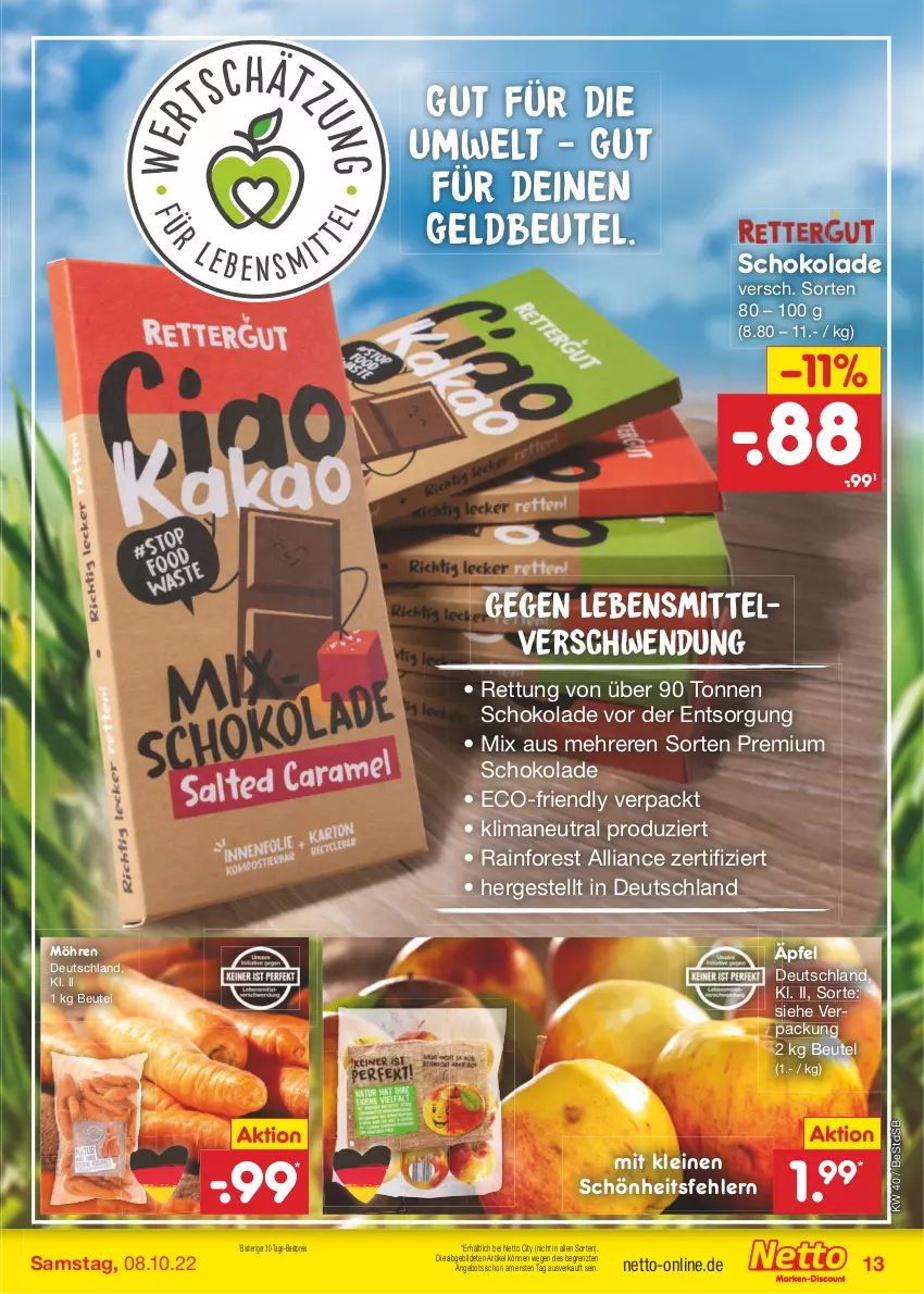 Aktueller Prospekt Netto Marken-Discount - Filial-Angebote - von 04.10 bis 08.10.2022 - strona 13 - produkty: angebot, bestpreis, beutel, eis, lebensmittel, leine, möhren, reis, schoko, schokolade, Ti, ZTE