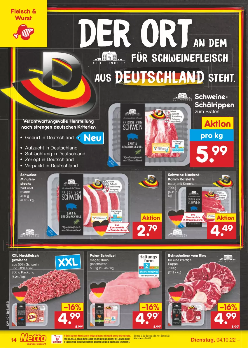 Aktueller Prospekt Netto Marken-Discount - Filial-Angebote - von 04.10 bis 08.10.2022 - strona 14 - produkty: bestpreis, braten, eis, fleisch, hackfleisch, hackfleisch gemischt, kotelett, minutensteaks, natur, ndk, pute, reis, rind, Rippen, schnitten, schnitzel, schwein, schweine, schweinefleisch, steak, steaks, suppe, Ti, versandkostenfrei, wein, weine, wurst