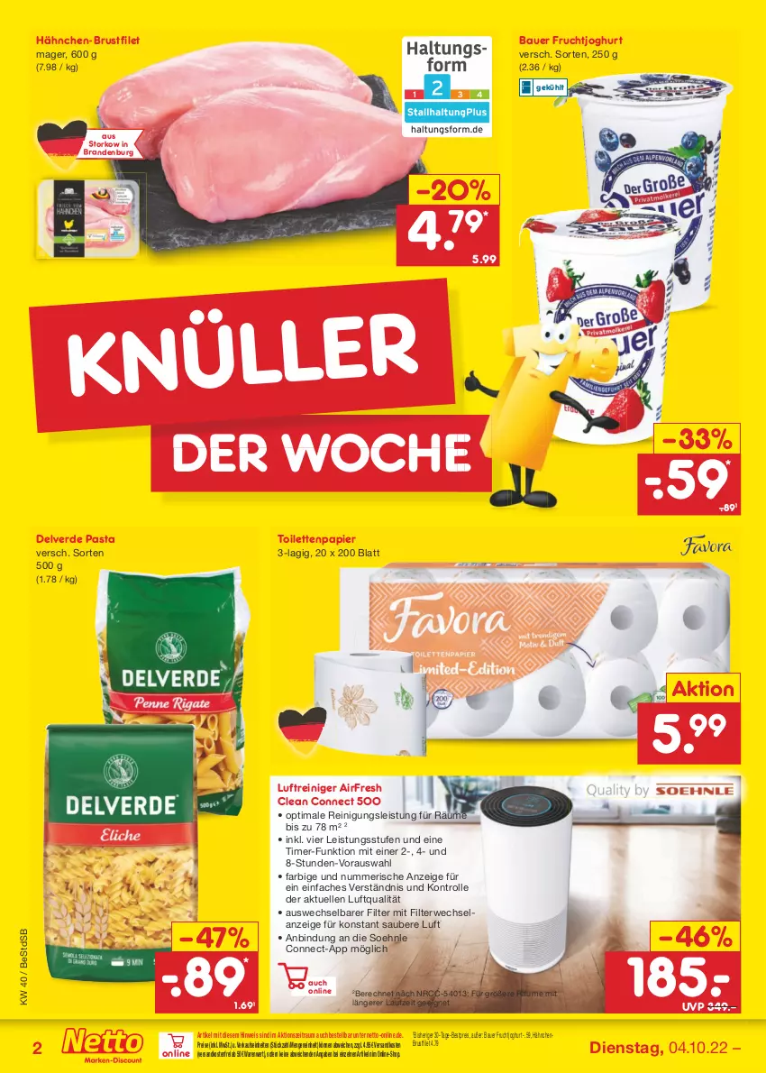 Aktueller Prospekt Netto Marken-Discount - Filial-Angebote - von 04.10 bis 08.10.2022 - strona 2 - produkty: auer, Bau, Bauer, bestpreis, brustfilet, eis, Elan, elle, erde, filet, frucht, fruchtjoghurt, hähnchen-brustfilet, hähnchenbrust, hähnchenbrustfilet, joghur, joghurt, Luftreiniger, ndk, papier, pasta, reiniger, Reinigung, reis, rwe, soehnle, Ti, timer, toilettenpapier, versandkostenfrei