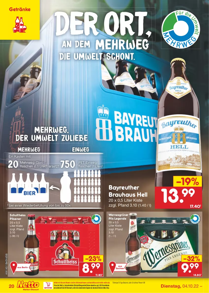 Aktueller Prospekt Netto Marken-Discount - Filial-Angebote - von 04.10 bis 08.10.2022 - strona 20 - produkty: bestpreis, eis, flasche, getränk, getränke, glasflasche, ndk, pils, pilsener, reis, rwe, sac, Schultheiss, Ti, versandkostenfrei