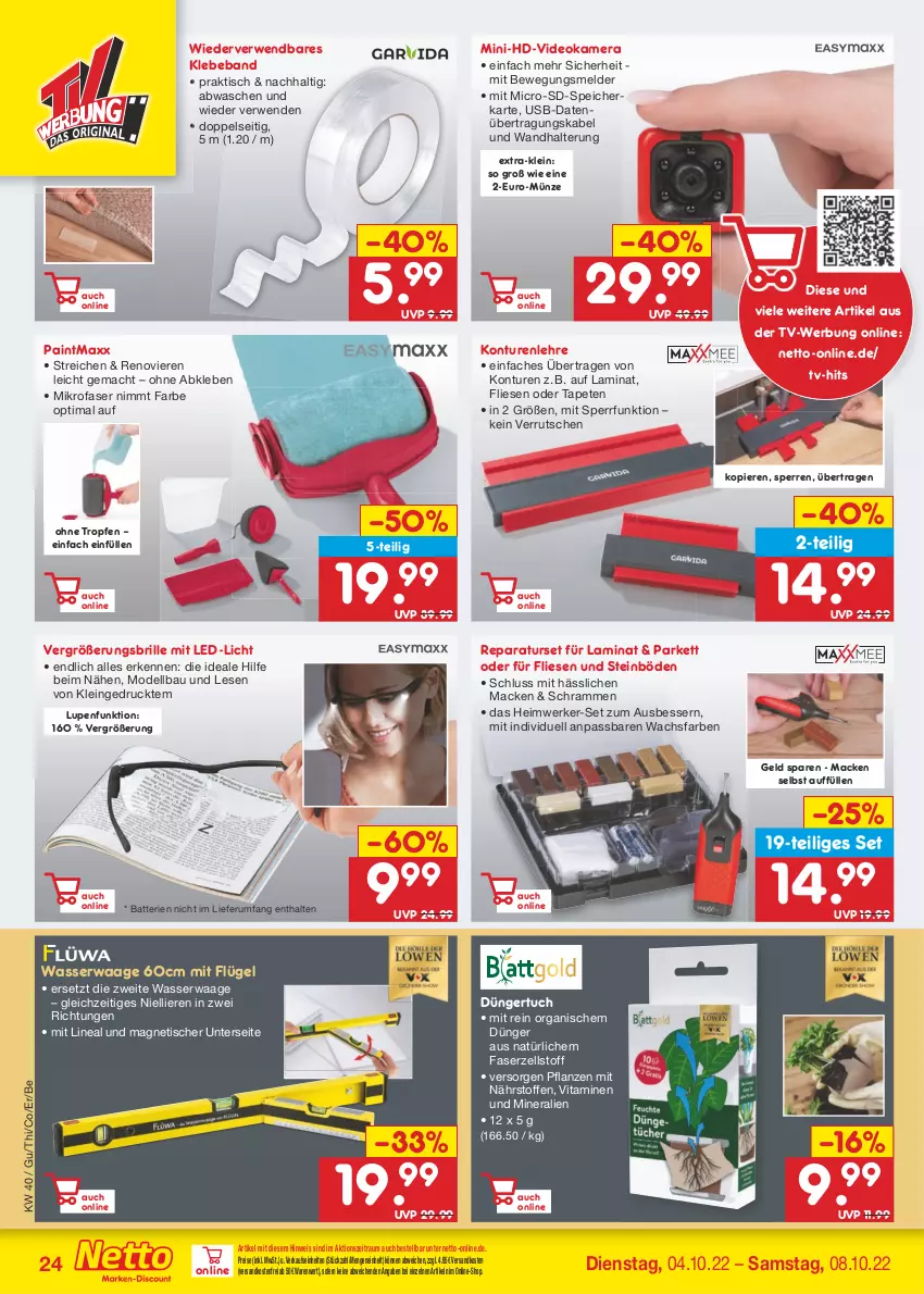 Aktueller Prospekt Netto Marken-Discount - Filial-Angebote - von 04.10 bis 08.10.2022 - strona 24 - produkty: batterie, batterien, Bau, Beba, Brille, dell, deo, dünger, eis, kamera, laminat, led-licht, mac, mikrofaser, Mode, ndk, pflanze, pflanzen, reis, rum, rwe, speicherkarte, Tapete, Tapeten, Ti, tisch, tuc, usb, versandkostenfrei, vita, Vitamine, Waage, wandhalterung, wasser