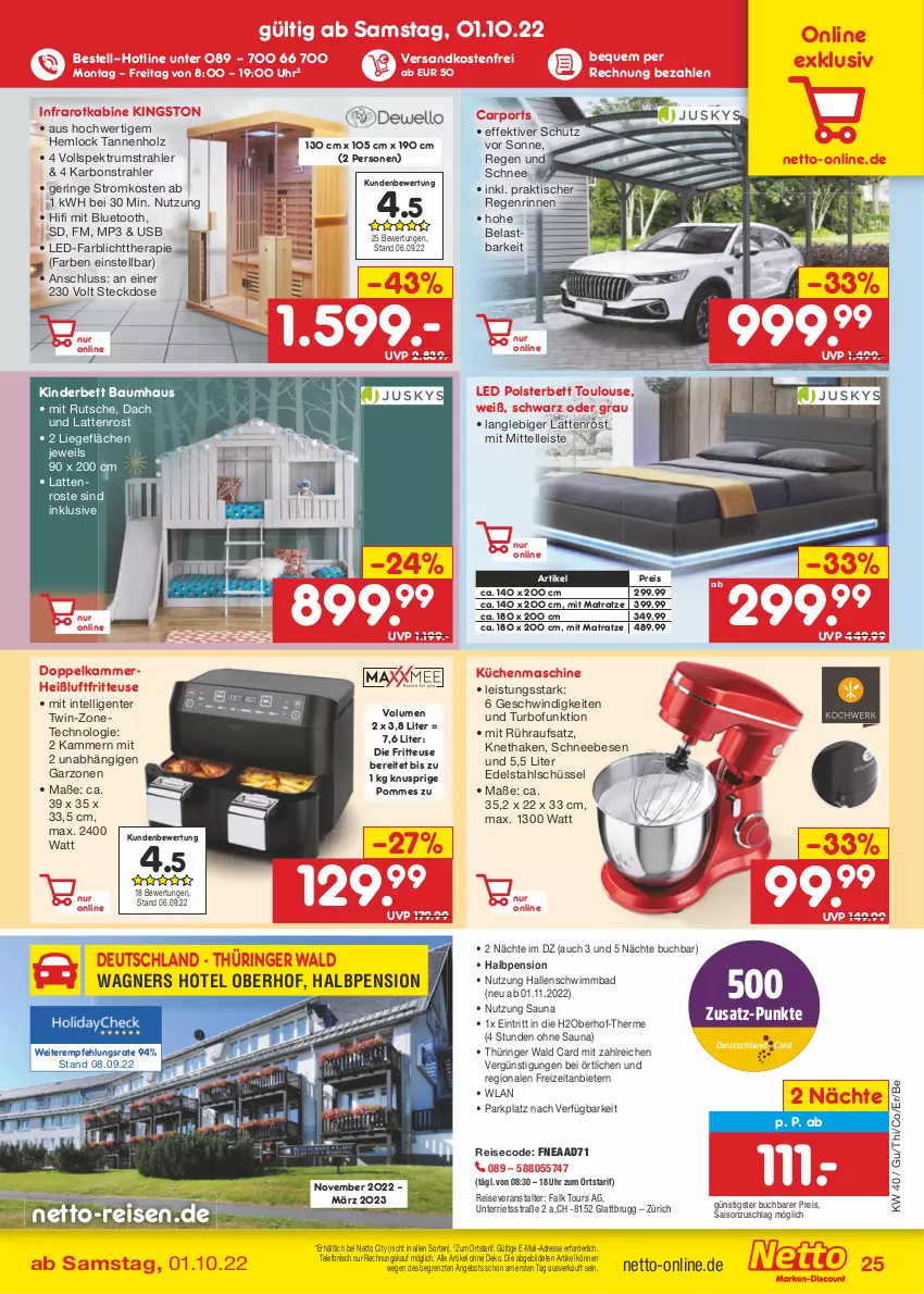 Aktueller Prospekt Netto Marken-Discount - Filial-Angebote - von 04.10 bis 08.10.2022 - strona 25 - produkty: angebot, Bad, Bau, bett, buch, Carport, edelstahl, eis, elle, ente, fritteuse, Heißluftfritteuse, Holz, Intel, Kinder, Kinderbett, Kingston, küche, Küchen, küchenmaschine, latte, lattenrost, Liege, matratze, Mp3, ndk, polsterbett, pommes, reis, reiseveranstalter, ring, rum, Schneebesen, schüssel, Spektrum, steckdose, telefon, Ti, tisch, uhr, usb, versandkostenfrei, wagner, wagners, ZTE