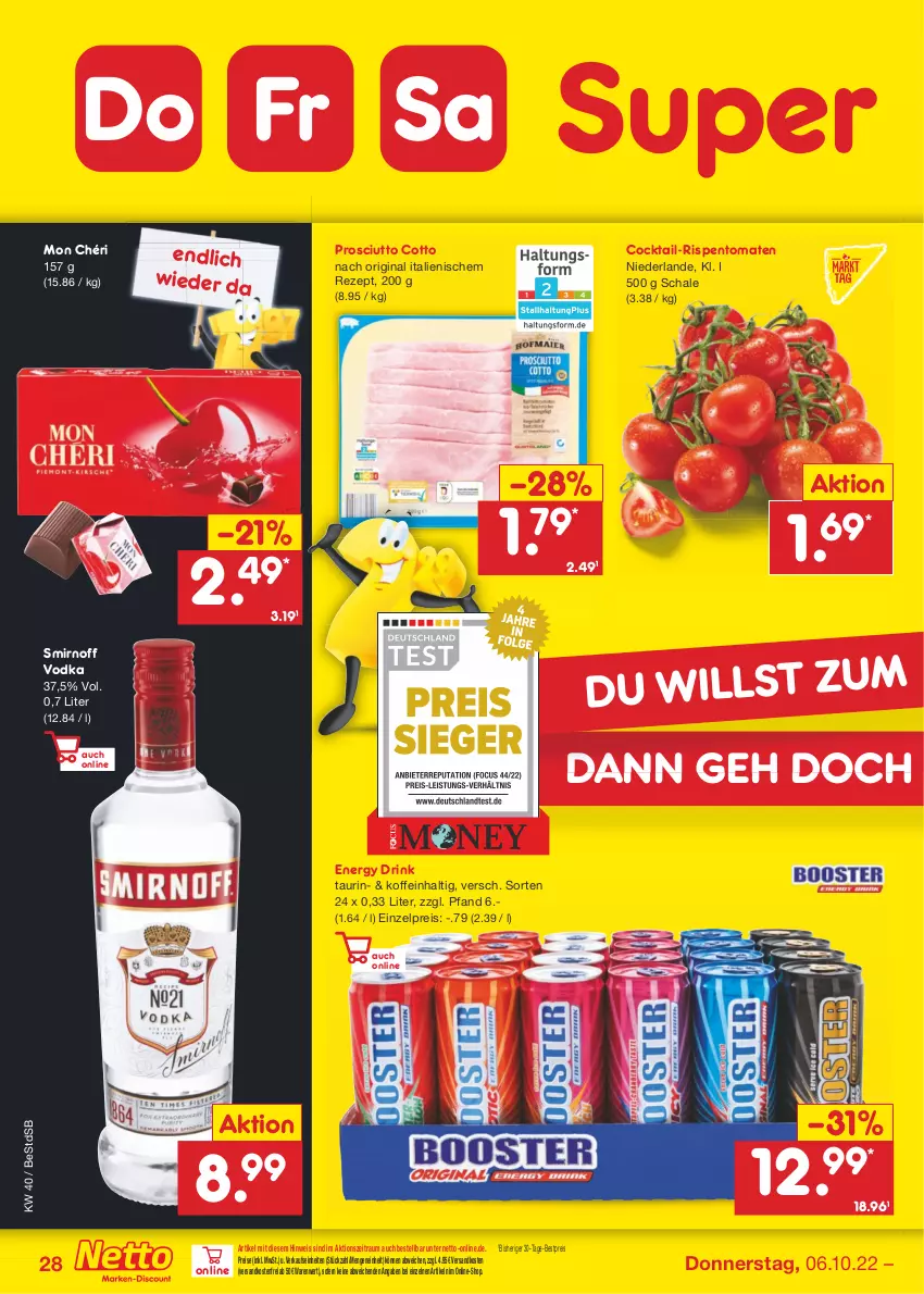 Aktueller Prospekt Netto Marken-Discount - Filial-Angebote - von 04.10 bis 08.10.2022 - strona 28 - produkty: bestpreis, cocktail, drink, eis, energy drink, gin, Mon Chéri, ndk, prosciutto, prosciutto cotto, reis, rezept, rispentomaten, Schal, Schale, smirnoff, Ti, tomate, tomaten, versandkostenfrei, vodka