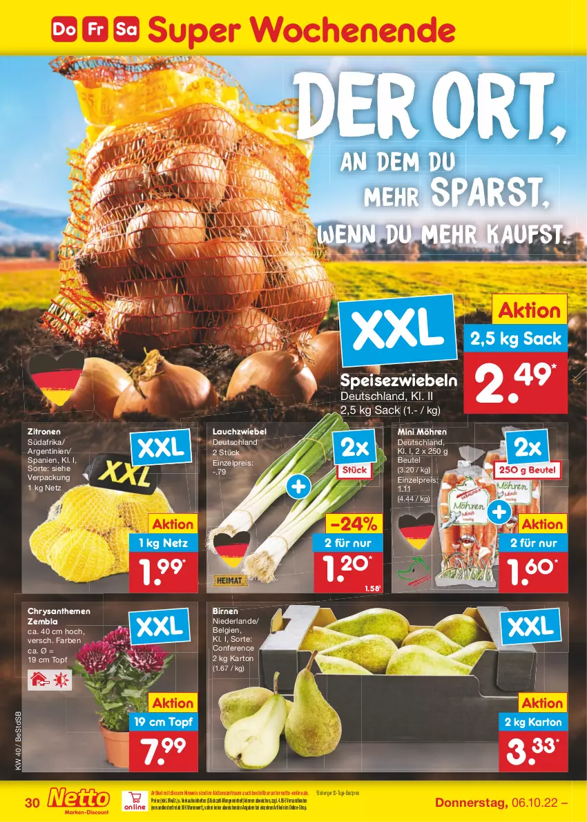 Aktueller Prospekt Netto Marken-Discount - Filial-Angebote - von 04.10 bis 08.10.2022 - strona 30 - produkty: bestpreis, beutel, Birnen, chrysanthemen, eis, Lauchzwiebel, LG, möhren, ndk, reis, sac, Speisezwiebeln, Ti, topf, versandkostenfrei, zitrone, zitronen, zwiebel, zwiebeln