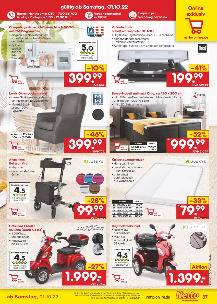 Aktueller Prospekt Netto Marken-Discount - Filial-Angebote - von 04.10 bis 08.10.2022 - strona 37 - produkty: angebot, asti, auto, Bau, beleuchtung, bett, bettkasten, boxspringbett, computer, Dreirad, eis, Elektro, elle, federkern, kaltschaummatratze, kissen, latte, led-beleuchtung, Mantel, matratze, matratzen, mit led-beleuchtung, mumm, Nähmaschine, ndk, pute, reis, Ria, ring, Schal, Schaummatratze, sessel, sitzkissen, Spiele, spitzenqualität, Tasche, taschen, telefon, Ti, tisch, topper, uhr, usb, versandkostenfrei, vita, ZTE