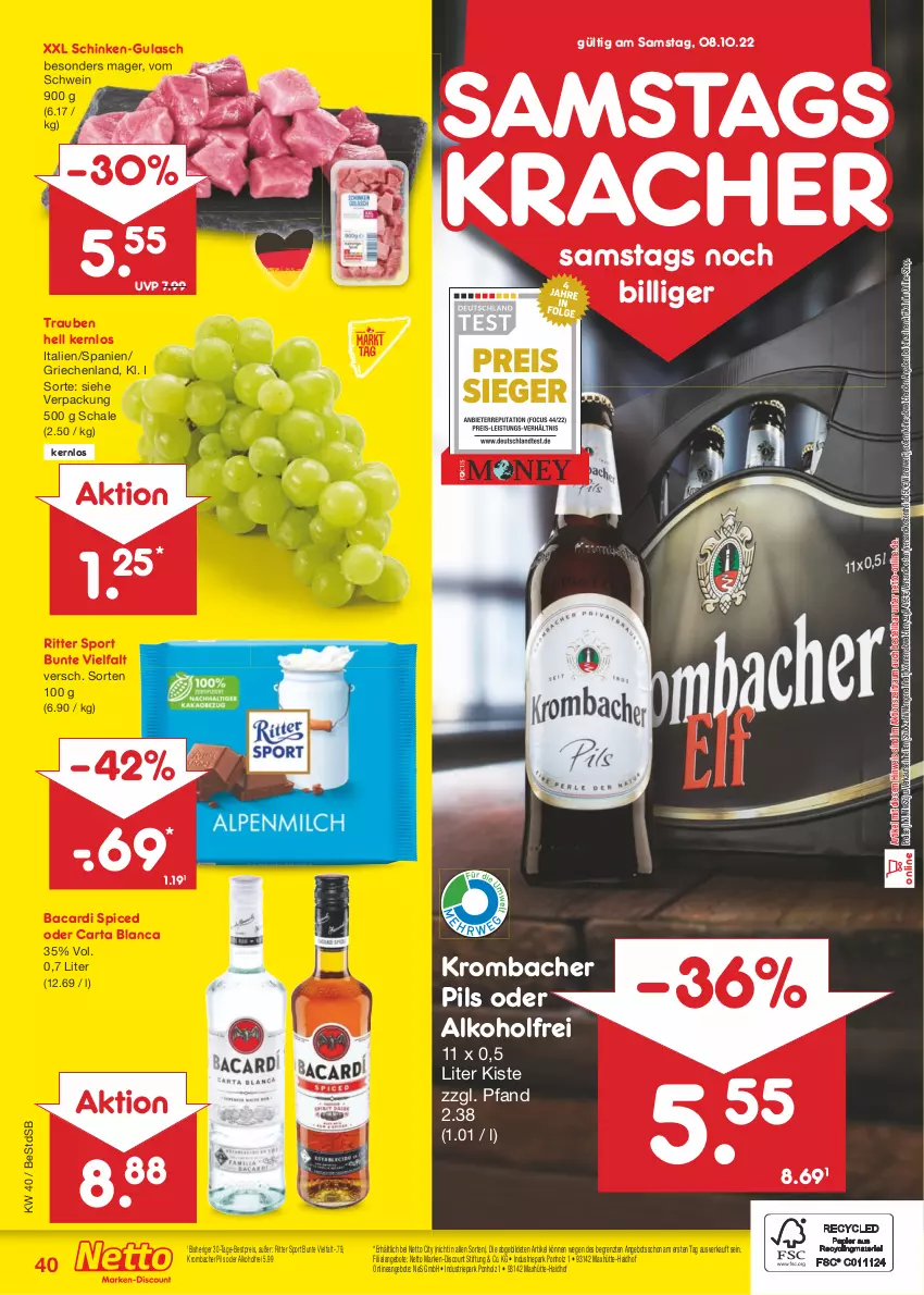 Aktueller Prospekt Netto Marken-Discount - Filial-Angebote - von 04.10 bis 08.10.2022 - strona 40 - produkty: alkohol, angebot, angebote, bacardi, bestpreis, discount, eis, gulasch, Holz, kracher, krombache, krombacher, krombacher pils, marken-discount, ndk, pils, reis, ritter, ritter sport, Schal, Schale, schinken, schwein, Sport, Ti, trauben, versandkostenfrei, wein, ZTE