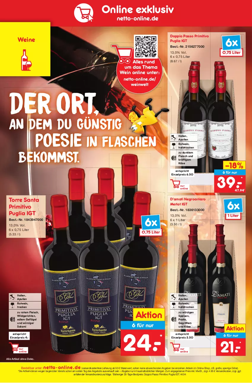 Aktueller Prospekt Netto Marken-Discount - Filial-Angebote - von 04.10 bis 08.10.2022 - strona 42 - produkty: amaro, angebot, beko, bestpreis, doppio passo, eis, flasche, fleisch, Geflügel, grill, Käse, merl, merlot, ndk, passo, pasta, primitivo, reis, rotwein, salami, Ti, versandkostenfrei, wein, weine, Wild, ZTE