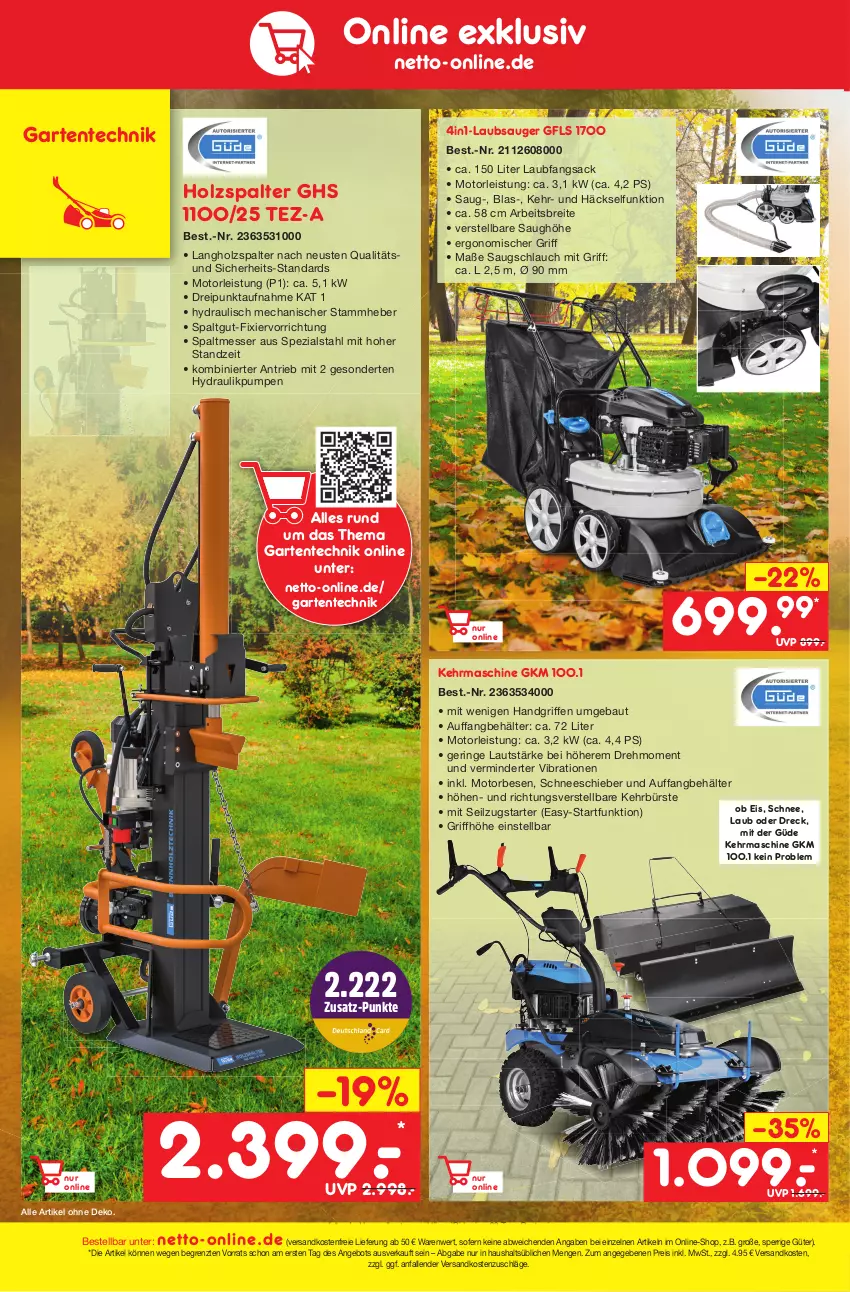 Aktueller Prospekt Netto Marken-Discount - Filial-Angebote - von 04.10 bis 08.10.2022 - strona 44 - produkty: angebot, Bau, Behälter, bestpreis, Brei, bürste, eis, ente, Garten, Holz, Holzspalter, Laubsauger, messer, ndk, reis, ring, sac, schlauch, Spezi, Ti, versandkostenfrei, wein, ZTE