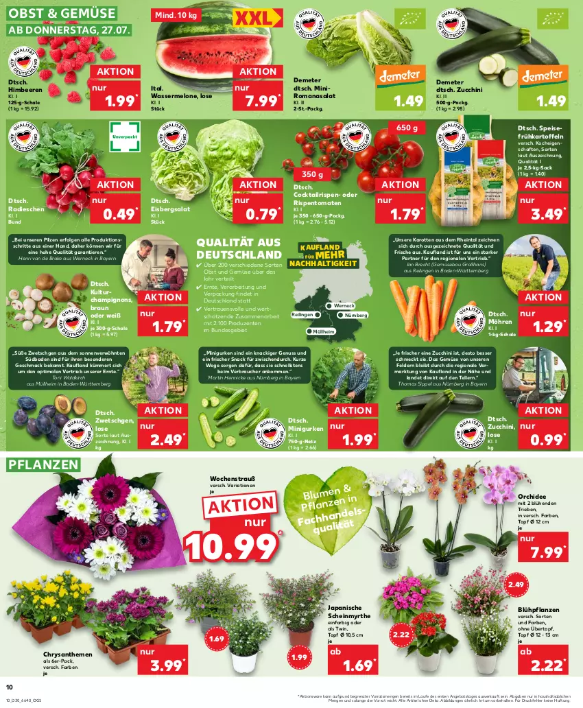 Aktueller Prospekt Kaufland - Prospekt - von 27.07 bis 02.08.2023 - strona 10 - produkty: angebot, Bad, Bau, beere, beeren, blume, braun, champignon, champignons, cocktail, eis, eisbergsalat, elle, ente, Frühkartoffeln, gurke, gurken, himbeer, himbeere, himbeeren, HP, karotten, kartoffel, kartoffeln, LG, mac, melone, möhren, nuss, obst, Obst und Gemüse, orchidee, pflanze, pflanzen, pilze, radieschen, Rauch, Ria, rispentomaten, Romanasalat, sac, salat, Schal, Schale, snack, speisefrühkartoffeln, teller, Ti, Tiere, tomate, tomaten, topf, topf ø 12 cm, übertopf, und gemüse, wasser, wassermelone, ZTE, zucchini