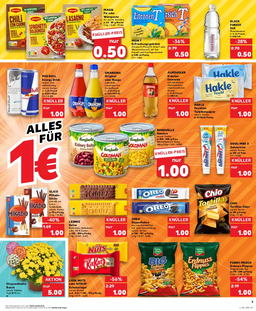 Aktueller Prospekt Kaufland - Prospekt - von 27.07 bis 02.08.2023 - strona 3 - produkty: almdudler, Alwa, angebot, angebote, beutel, black forest, bonduelle, butter, butterkeks, chips, creme, Doppelkekse, drink, eis, elle, energy drink, erdnuss, erfrischungsgetränk, feuchtes toilettenpapier, fleisch, flippies, frucht, fruchtfleisch, funny-frisch, getränk, gin, hakle, kakao, keks, kekse, kitkat, kräuter, kräutern, lack, leibniz, limo, limonade, lion, mac, maggi, maggi fix, melone, melonen, mikado, mineralwasser, mit frucht, nuss, Odol, Odol-med 3, orangina, oreo, papier, pfirsich, red bull, riegel, rouge, schoko, schokolade, schokoriegel, tee, Ti, toilettenpapier, topf, tortilla, tortillas, wasser, wassermelone, wassermelonen, zahncreme, zitrone, zitronen, zucker