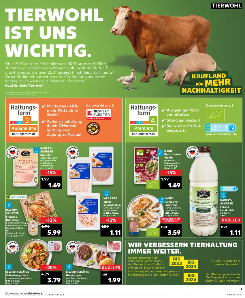 Aktueller Prospekt Kaufland - Prospekt - von 27.07 bis 02.08.2023 - strona 9 - produkty: angebot, angebote, auer, Bau, bio, braten, burger, eis, fleisch, Geflügel, gulasch, hamburger, kasseler, landmilch, LG, milch, natur, pfanne, pfannen, rind, rohschinken, saft, schinken, schnitten, schnitzel, schwein, schweine, schweinegulasch, schweineschnitzel, Spezi, spitzenqualität, Ti, wein, weine, würfel, wurst