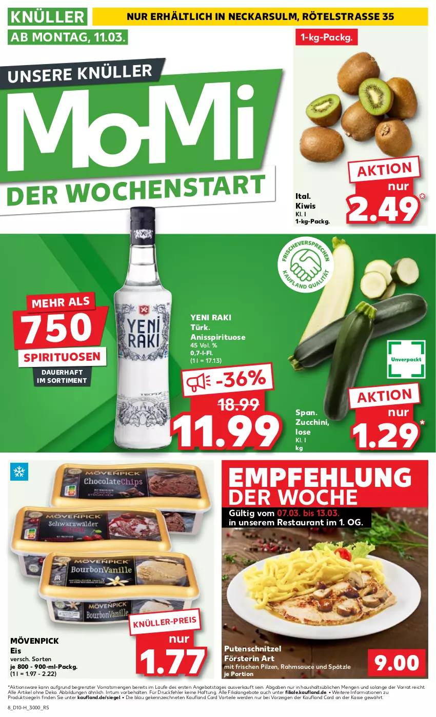 Aktueller Prospekt Kaufland - Extra-Angebote - von 07.03 bis 13.03.2024 - strona 8 - produkty: angebot, angebote, auer, eis, erde, kiwi, mövenpick, mövenpick eis, pilze, pute, putenschnitzel, sauce, schnitzel, spirituosen, Ti, yeni raki, ZTE, zucchini