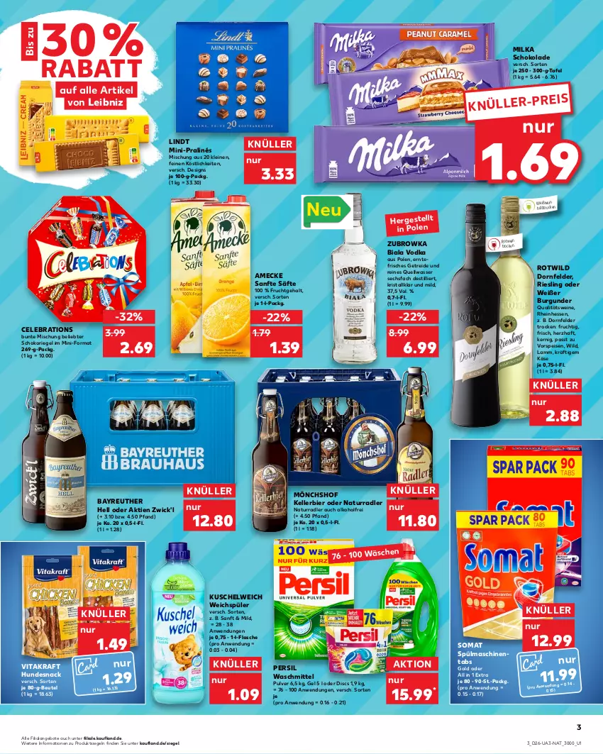 Aktueller Prospekt Kaufland - von 30.06 bis 06.07.2022 - strona 3 - produkty: alkohol, amecke, angebot, angebote, beutel, bier, burgunder, dornfelder, eis, elle, flasche, frucht, hundesnack, Käse, kellerbier, kraft, Kuschelweich, lamm, leibniz, leine, lindt, milka, milka schokolade, mönchshof, natur, persil, persil waschmittel, qualitätswein, qualitätsweine, radler, riegel, riesling, rotwein, säfte, schoko, schokolade, schokoriegel, snack, somat, spülmaschinen, spülmaschinentabs, Ti, vita, vitakraft, vodka, vorspeise, waschmittel, wasser, weichspüler, wein, weine, Weißwein, WICK, Wild