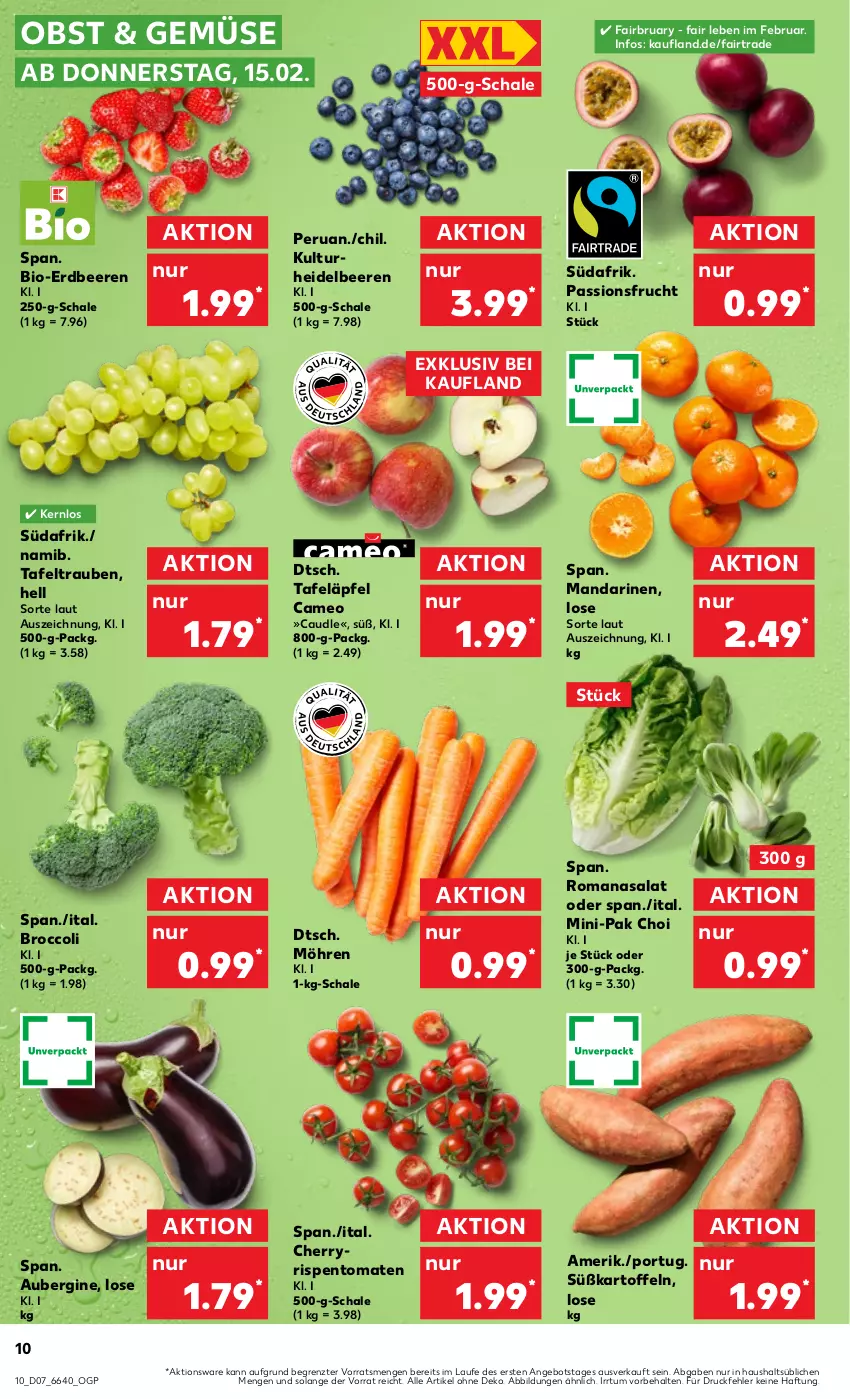 Aktueller Prospekt Kaufland - Prospekt - von 15.02 bis 21.02.2024 - strona 10 - produkty: angebot, aubergine, beere, beeren, bio, broccoli, erdbeere, erdbeeren, frucht, gin, heidelbeere, heidelbeeren, kartoffel, kartoffeln, mandarine, mandarinen, möhren, obst, Pak Choi, passionsfrucht, rispentomaten, Romanasalat, salat, Schal, Schale, Süßkartoffeln, tafeläpfel, tafeltrauben, Ti, tomate, tomaten, trauben, ZTE