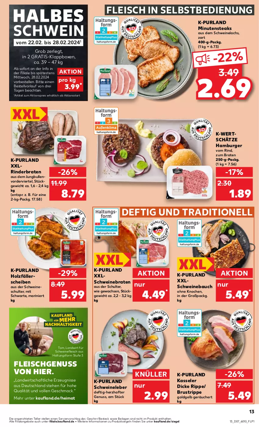 Aktueller Prospekt Kaufland - Prospekt - von 15.02 bis 21.02.2024 - strona 13 - produkty: aktionspreis, angebot, angebote, Bau, besteck, braten, burger, eis, elle, fleisch, fleisch in selbstbedienung, geschirr, hamburger, Holz, ilag, jungbullen, kasseler, Klappbox, lachs, mac, minutensteaks, nuss, purland, reis, rind, rinder, rinderbraten, schwein, schweine, Schweinebauch, schweinebraten, schweinefleisch, Schweinelachs, Schweineleber, steak, steaks, teller, Ti, wein, weine