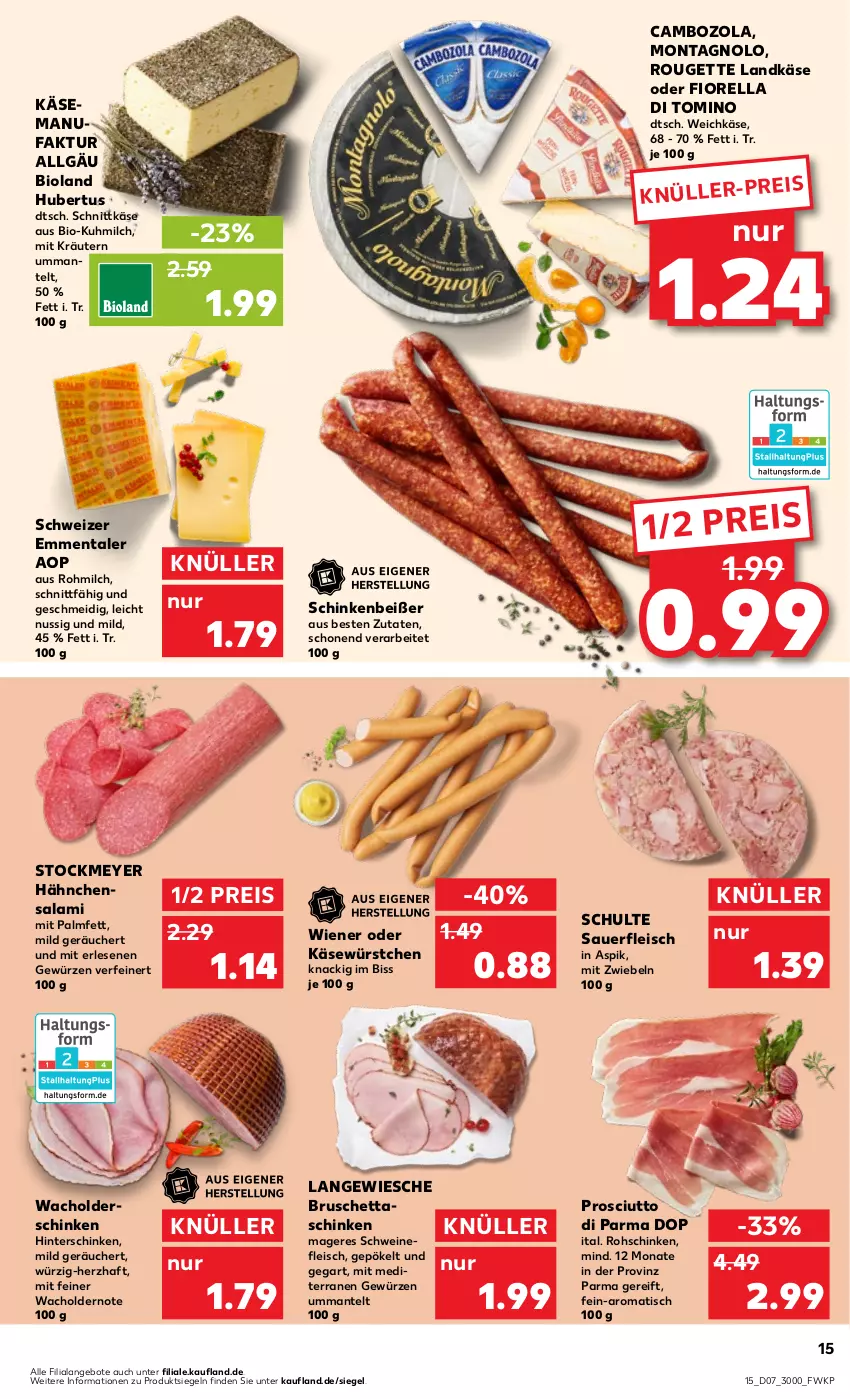 Aktueller Prospekt Kaufland - Prospekt - von 15.02 bis 21.02.2024 - strona 15 - produkty: angebot, angebote, auer, bio, bioland, cambozola, eis, emmentaler, Faktu, fleisch, gewürz, hinterschinken, Käse, kräuter, kräutern, landkäse, LG, Mantel, milch, mit zwiebeln, ndk, nuss, prosciutto, Prosciutto di Parma, reis, rel, rohschinken, rouge, rougette, salami, schinken, schnittkäse, schwein, schweine, schweinefleisch, stockmeyer, Ti, tisch, weichkäse, wein, weine, wiener, würstchen, zwiebel, zwiebeln