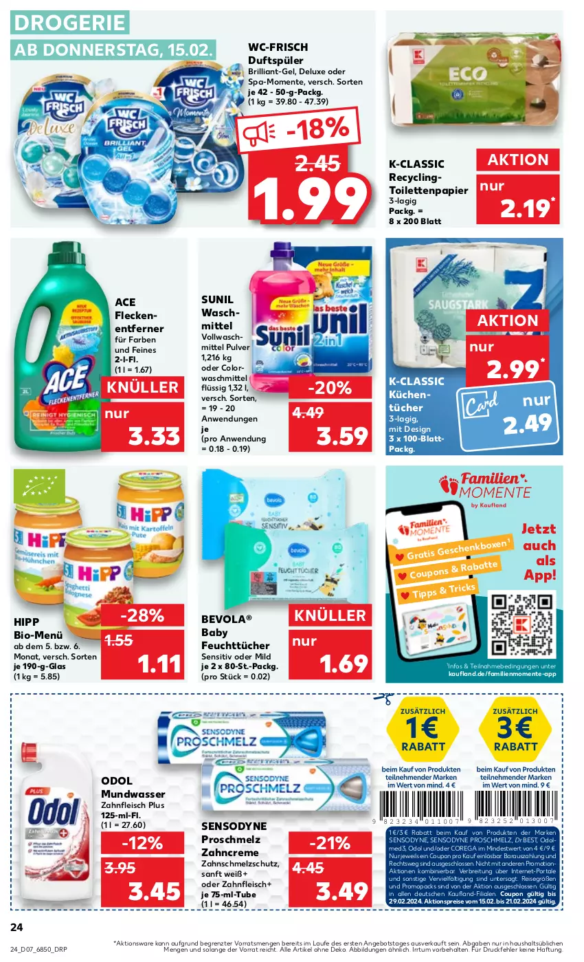 Aktueller Prospekt Kaufland - Prospekt - von 15.02 bis 21.02.2024 - strona 24 - produkty: aktionspreis, angebot, bio, Brei, Clin, colorwaschmittel, coupon, coupons, creme, eis, ente, feuchttücher, Fleckenentferner, fleisch, hipp, küche, Küchen, küchentücher, mundwasser, Odol, papier, reis, sensodyne, sunil, Ti, toilettenpapier, tücher, vollwaschmittel, waschmittel, wasser, zahncreme, ZTE