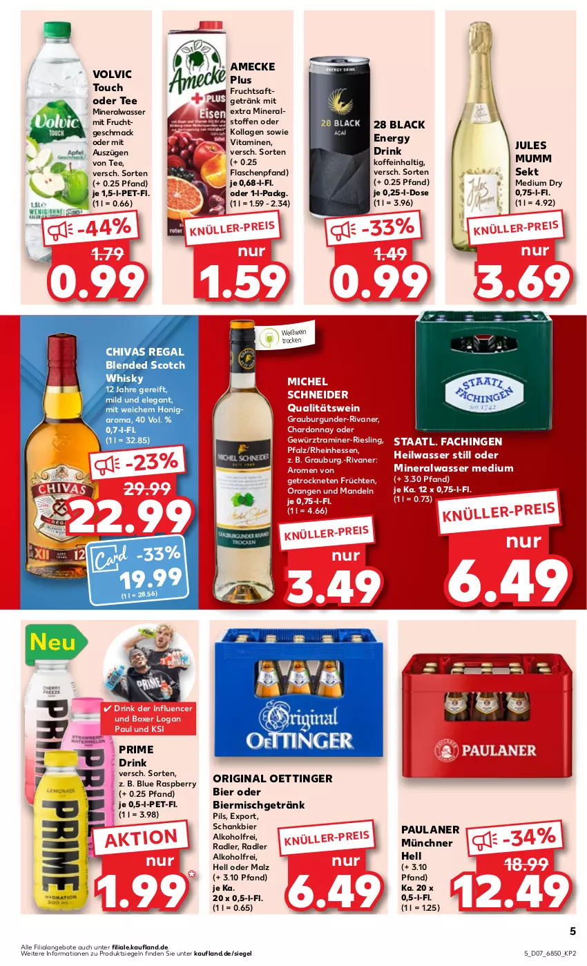 Aktueller Prospekt Kaufland - Prospekt - von 15.02 bis 21.02.2024 - strona 5 - produkty: alkohol, Alwa, amecke, angebot, angebote, bier, blended scotch, blended scotch whisky, burgunder, chardonnay, drink, eis, energy drink, flasche, frucht, früchte, früchten, fruchtsaft, fruchtsaftgetränk, getränk, gewürz, gin, grauburgunder, honig, jules mumm, Kollagen, lack, mac, malz, mandel, mandeln, Michel Schneider, mineralwasser, Mineralwasser Medium, mit frucht, mumm, oettinger, orange, orangen, Paula, paulaner, pils, qualitätswein, radler, raspberry, regal, riesling, Rivaner, saft, Schankbier, scotch, scotch whisky, sekt, Staatl. Fachingen, tee, Ti, vita, Vitamine, volvic, wasser, wein, Weißwein, whisky