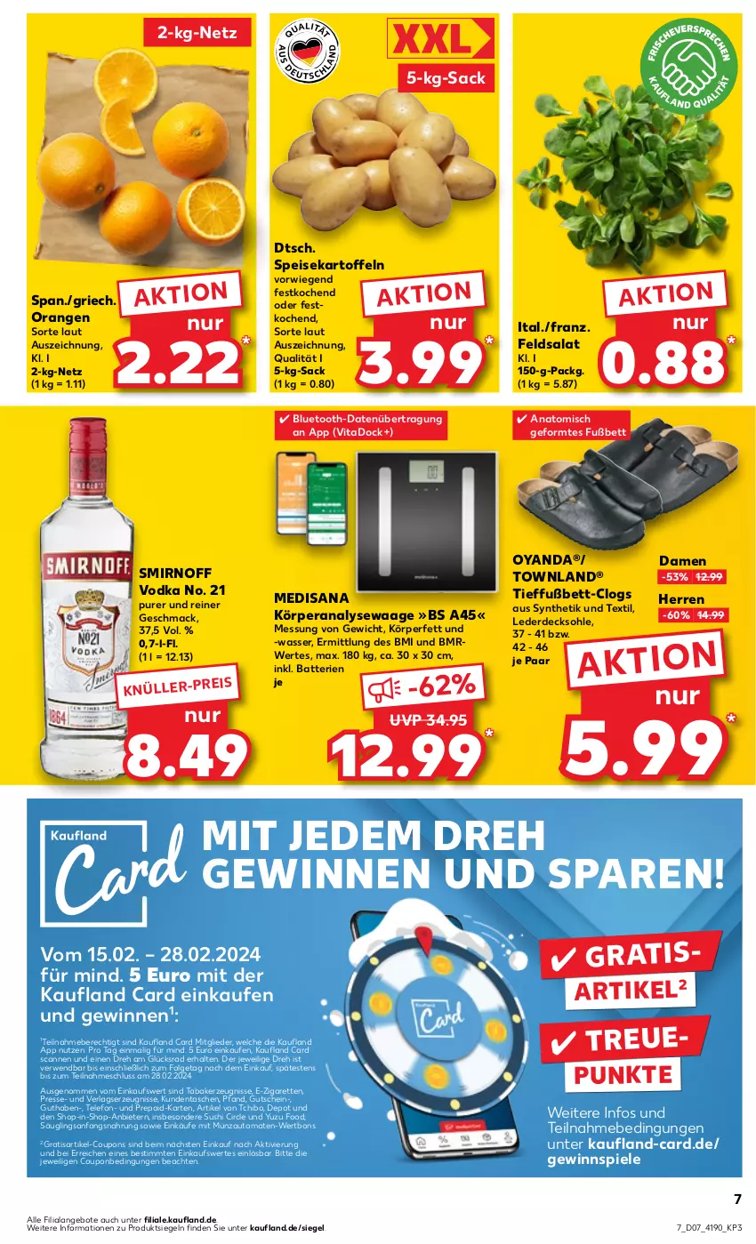 Aktueller Prospekt Kaufland - Prospekt - von 15.02 bis 21.02.2024 - strona 7 - produkty: Analysewaage, angebot, angebote, auto, batterie, batterien, bett, Clogs, coupon, coupons, decksohle, die kaufland, eis, erde, feldsalat, gewinnspiel, gutschein, isana, kartoffel, kartoffeln, kerze, LG, mac, medisana, orange, orangen, Rana, rwe, sac, salat, sana, smirnoff, speisekartoffeln, Spiele, Sushi, Tasche, taschen, Tchibo, telefon, Ti, tomate, tomaten, vita, vodka, Waage, wasser