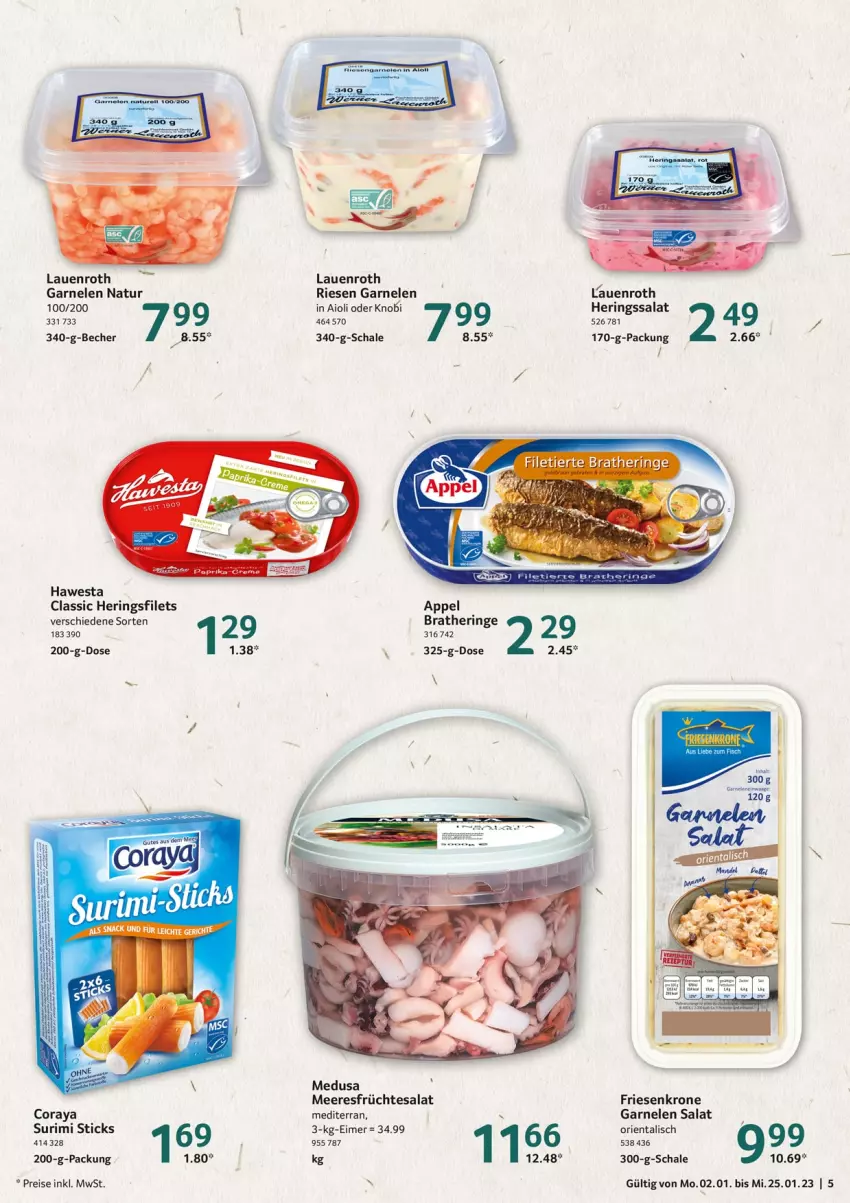 Aktueller Prospekt Selgros - Nachhaltigkeit - von 02.01 bis 25.01.2023 - strona 5 - produkty: aioli, Becher, Bratheringe, eimer, eis, filet, filets, früchte, garnelen, hawesta, hering, Herings, heringsfilets, krone, meeresfrüchte, natur, reis, rel, ring, salat, Schal, Schale, tesa, Ti, Waage