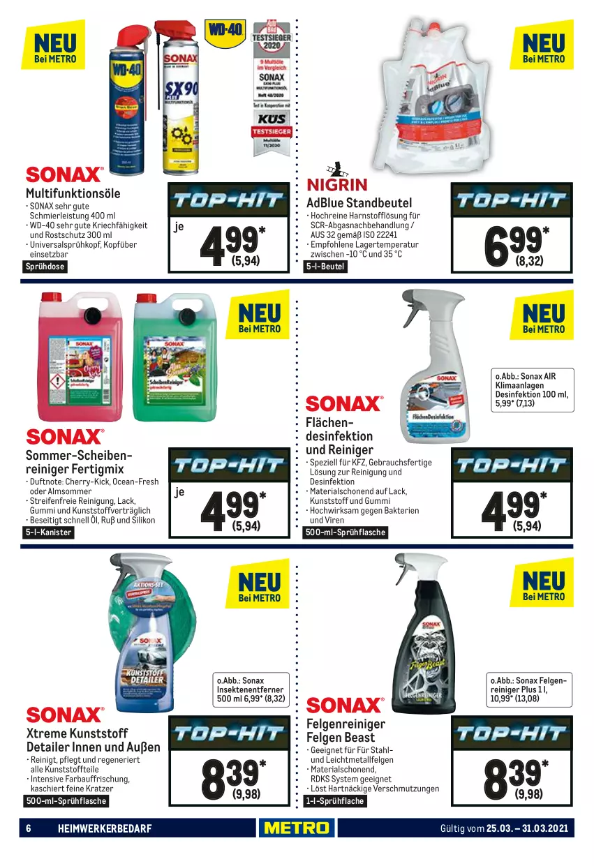 Aktueller Prospekt Metro - NonFood - von 25.03 bis 31.03.2021 - strona 6 - produkty: adblue, Bau, beutel, Desinfektion, eis, felgen, Felgenreiniger, flasche, lack, LG, Rauch, reifen, reiniger, Reinigung, Ria, Scheibenreiniger, sekt, sonax, Spezi, sprühflasche, Ti