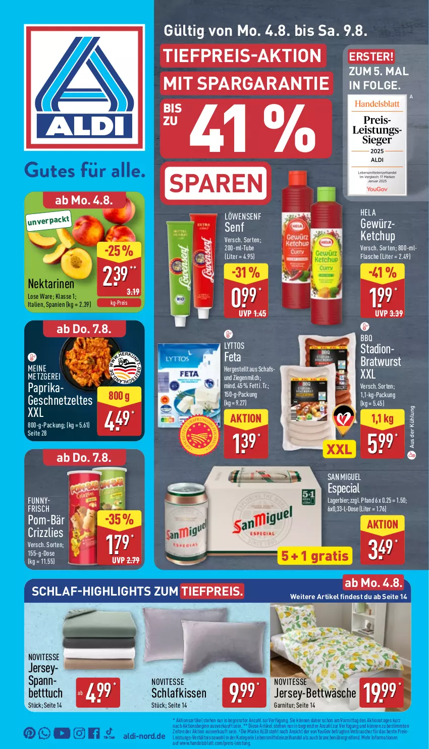 Aktueller Prospekt Aldi Nord - Von Montag - von 04.08 bis 09.08.2025 - strona 1 - produkty: aldi, bett, Betttuch, bettwäsche, bier, bratwurst, eis, feta, flasche, garnitur, geschnetzeltes, gewürz, gewürzketchup, gin, Hela, jersey-bettwäsche, ketchup, kissen, Lagerbier, lebensmittel, LG, löwensenf, milch, Nektar, nektarinen, paprika, pom-bär, Rauch, reifen, reis, senf, Ti, tiefpreis, tuc, wurst, Yo, Zelt, ZTE