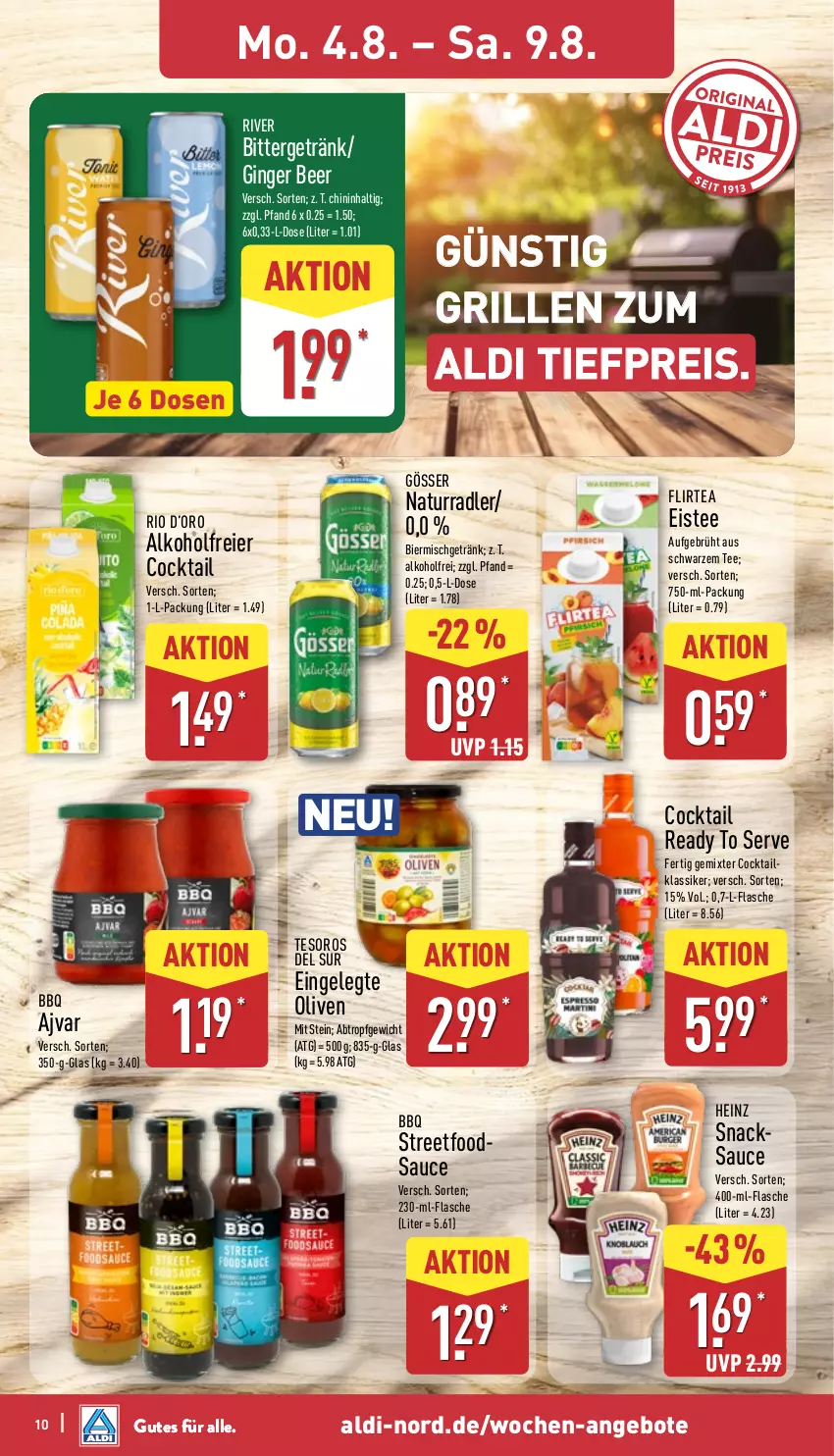Aktueller Prospekt Aldi Nord - Von Montag - von 04.08 bis 09.08.2025 - strona 10 - produkty: Ajvar, aldi, alkohol, angebot, angebote, bier, cocktail, eier, eis, eistee, flasche, getränk, gin, ginger, gösser, grill, heinz, natur, olive, oliven, radler, reis, sauce, snack, snacks, tee, Ti, tiefpreis