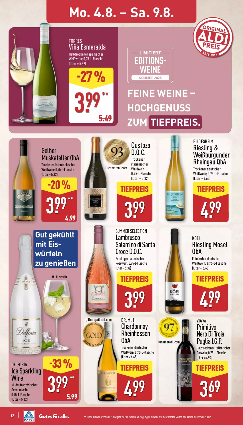 Aktueller Prospekt Aldi Nord - Von Montag - von 04.08 bis 09.08.2025 - strona 12 - produkty: amaro, burgunder, chardonnay, eis, eiswürfel, elle, flasche, frucht, Gelber Muskateller, Lambrusco, nero, nuss, primitivo, reis, Ria, riesling, roséwein, rotwein, salami, teller, Ti, tiefpreis, wein, weine, Weißburgunder, Weißwein, würfel, ZTE
