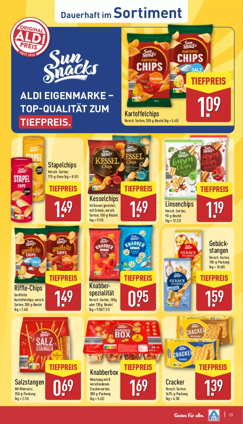 Aktueller Prospekt Aldi Nord - Von Montag - von 04.08 bis 09.08.2025 - strona 13 - produkty: aldi, auer, beutel, chips, cracker, eis, kartoffel, kartoffelchips, linsen, meersalz, reis, salz, Salzstange, Salzstangen, Schal, Schale, Spezi, Ti, tiefpreis