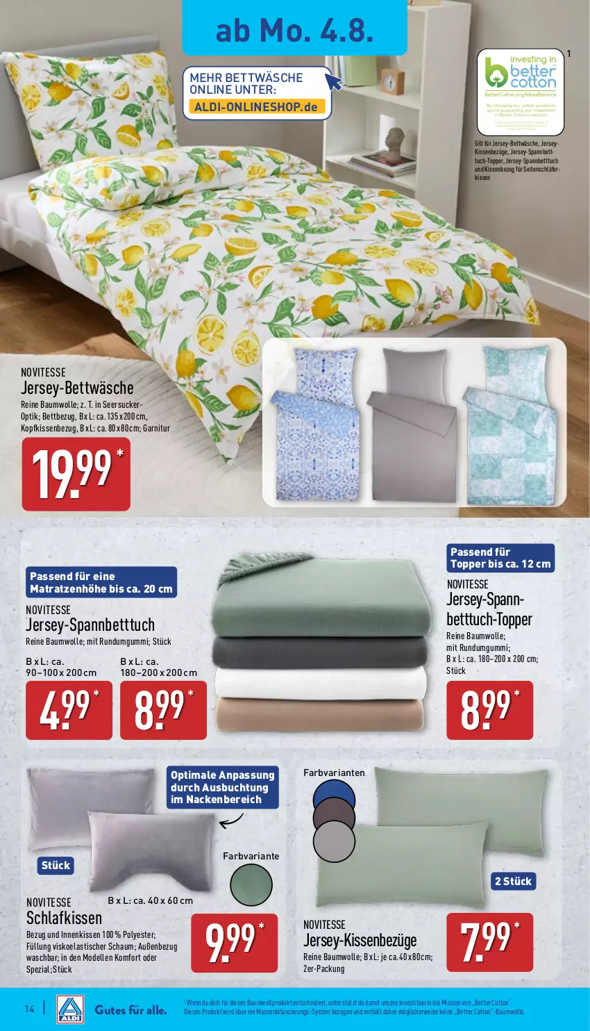 Aktueller Prospekt Aldi Nord - Von Montag - von 04.08 bis 09.08.2025 - strona 14 - produkty: aldi, asti, Bau, baumwolle, bett, Betttuch, bettwäsche, buch, dell, eis, elle, garnitur, jersey-bettwäsche, jersey-spannbetttuch, kissen, Kissenbezug, kopfkissen, kopfkissenbezug, matratze, matratzen, Mode, reine baumwolle, Ria, rwe, seersucker, spannbetttuch, Spezi, Ti, tisch, topper, tuc, usb, wolle