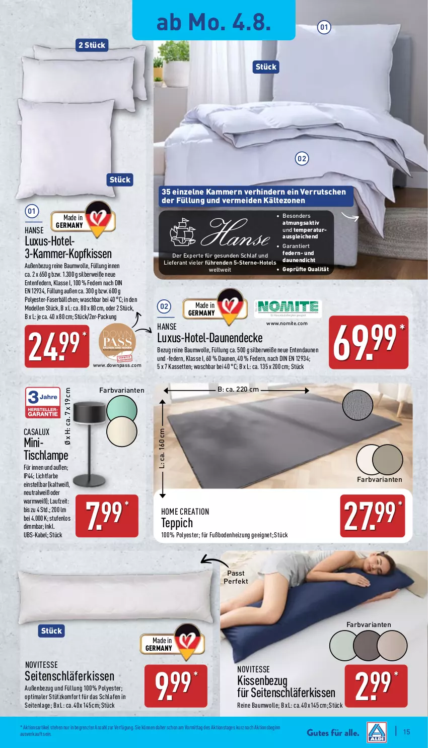 Aktueller Prospekt Aldi Nord - Von Montag - von 04.08 bis 09.08.2025 - strona 15 - produkty: Bau, baumwolle, decke, dell, elle, ente, Germ, gin, kissen, Kissenbezug, kopfkissen, Lampe, Mode, reine baumwolle, Ria, rwe, teppich, Ti, tisch, Tischlampe, wolle, ZTE