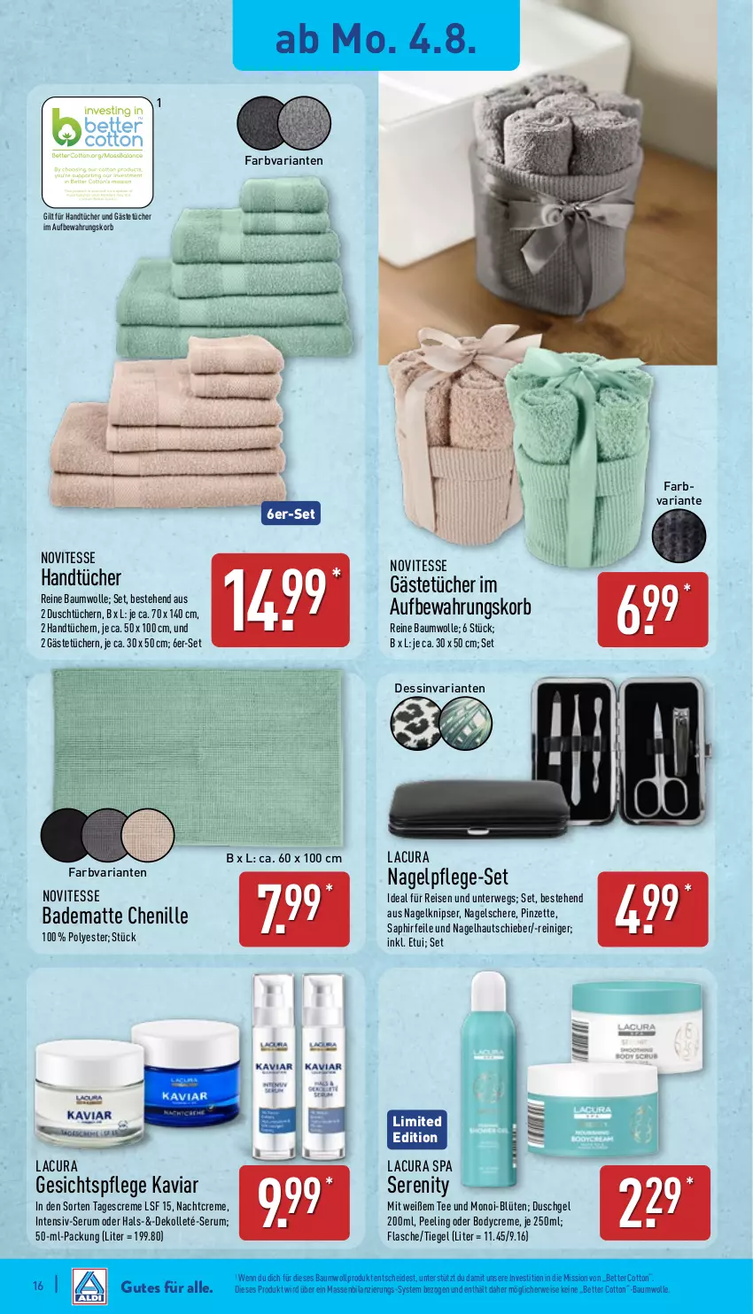 Aktueller Prospekt Aldi Nord - Von Montag - von 04.08 bis 09.08.2025 - strona 16 - produkty: Bad, badematte, Bau, baumwolle, bett, Blüte, body, creme, duschgel, eis, flasche, Gästetücher, handtücher, korb, nachtcreme, Peeling, Pinzette, reine baumwolle, reiniger, reis, Ria, rum, rwe, Schere, Serum, tagescreme, tee, Ti, tücher, wolle