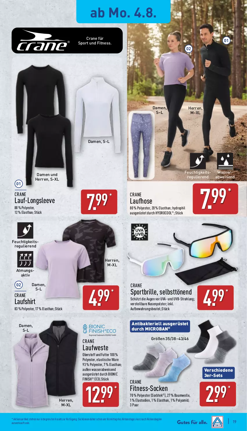 Aktueller Prospekt Aldi Nord - Von Montag - von 04.08 bis 09.08.2025 - strona 19 - produkty: asti, Bau, baumwolle, beutel, bio, Brille, eis, Finish, gin, hose, Laufhose, Laufshirt, roba, shirt, socken, Sport, Sportbrille, Ti, tisch, wasser, Weste, wolle, ZTE
