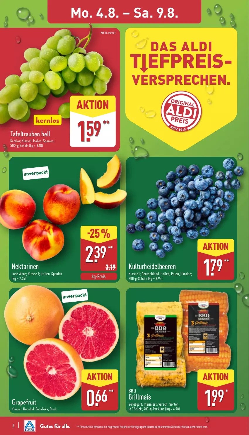 Aktueller Prospekt Aldi Nord - Von Montag - von 04.08 bis 09.08.2025 - strona 2 - produkty: aldi, beere, beeren, eis, grapefruit, grill, Grillmais, heidelbeere, heidelbeeren, mais, Nektar, nektarinen, reis, Schal, Schale, tafeltrauben, Ti, trauben, ZTE