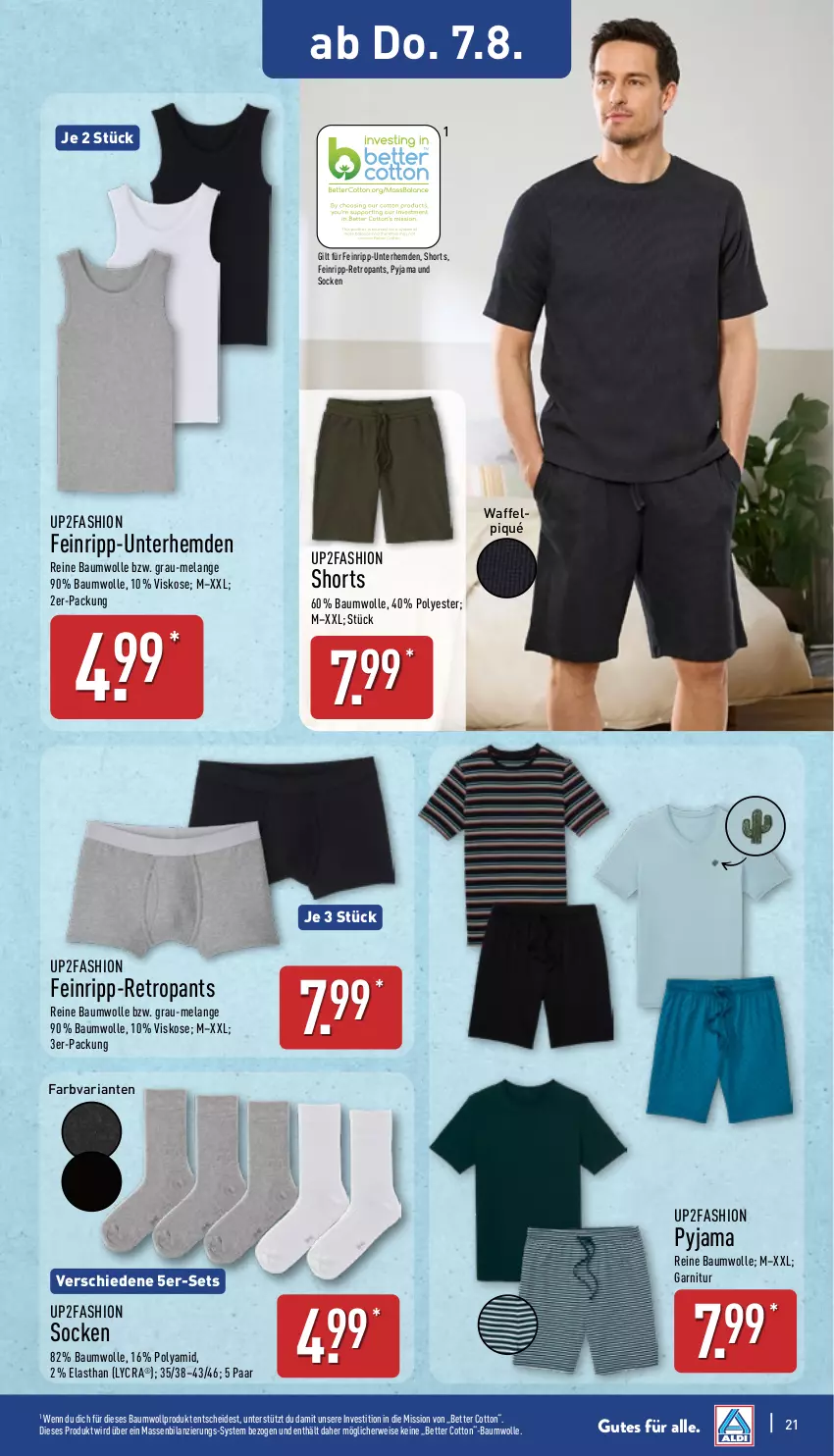 Aktueller Prospekt Aldi Nord - Von Montag - von 04.08 bis 09.08.2025 - strona 21 - produkty: Bau, baumwolle, bett, eis, Elan, garnitur, hemd, hemden, Pants, Pyjama, reine baumwolle, Retropants, Ria, rwe, shorts, socken, Ti, Unterhemd, unterhemden, up2fashion, wolle
