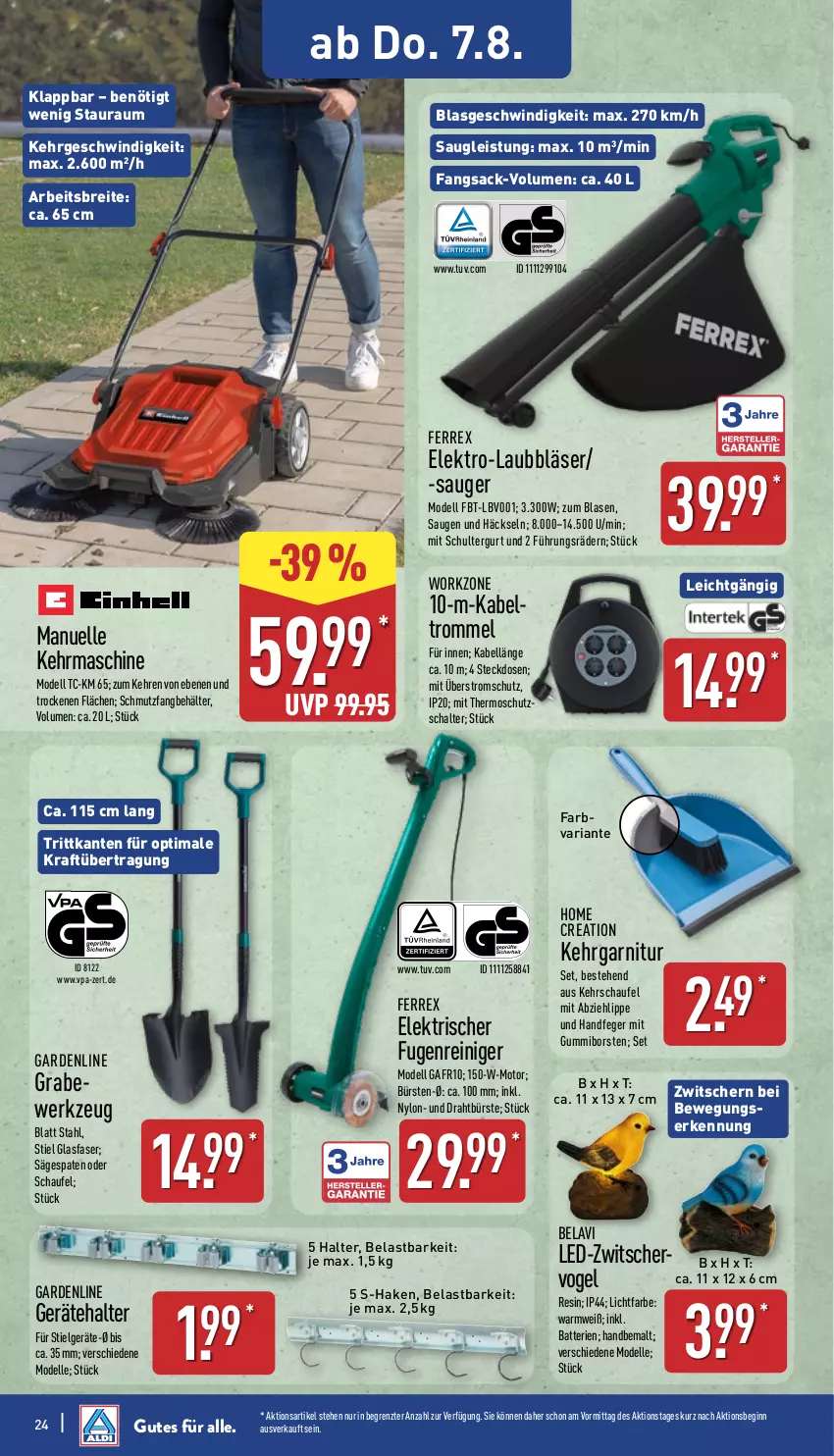Aktueller Prospekt Aldi Nord - Von Montag - von 04.08 bis 09.08.2025 - strona 24 - produkty: batterie, batterien, Behälter, Brei, bürste, bürsten, dell, Draht, eis, Elektro, elle, ferrex, garnitur, gin, Kehrgarnitur, kraft, Mode, reiniger, Ria, sac, säge, Schal, schultergurt, Spaten, steckdose, Ti, trommel, werkzeug, ZTE