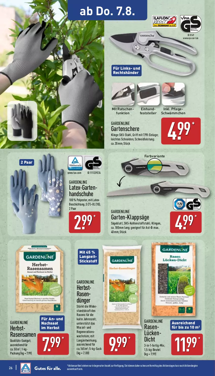 Aktueller Prospekt Aldi Nord - Von Montag - von 04.08 bis 09.08.2025 - strona 26 - produkty: beutel, dünger, eis, elle, Garten, Gartenschere, gin, handschuhe, kraft, rasen, rasensamen, Ria, sac, säge, Schere, schuhe, teller, Ti, ZTE