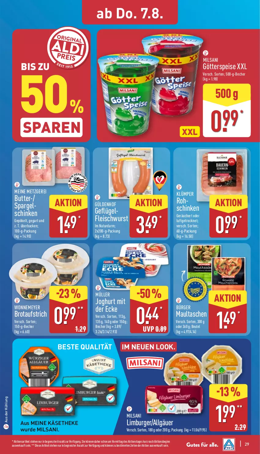 Aktueller Prospekt Aldi Nord - Von Montag - von 04.08 bis 09.08.2025 - strona 29 - produkty: aufstrich, Becher, beutel, brot, brotaufstrich, burger, butter, eis, fleisch, fleischwurst, gin, joghur, joghurt, joghurt mit der ecke, Käse, käsetheke, LG, Limburger, maultaschen, Müller, natur, schinken, spargel, spargelschinken, Tasche, taschen, Ti, wurst, ZTE