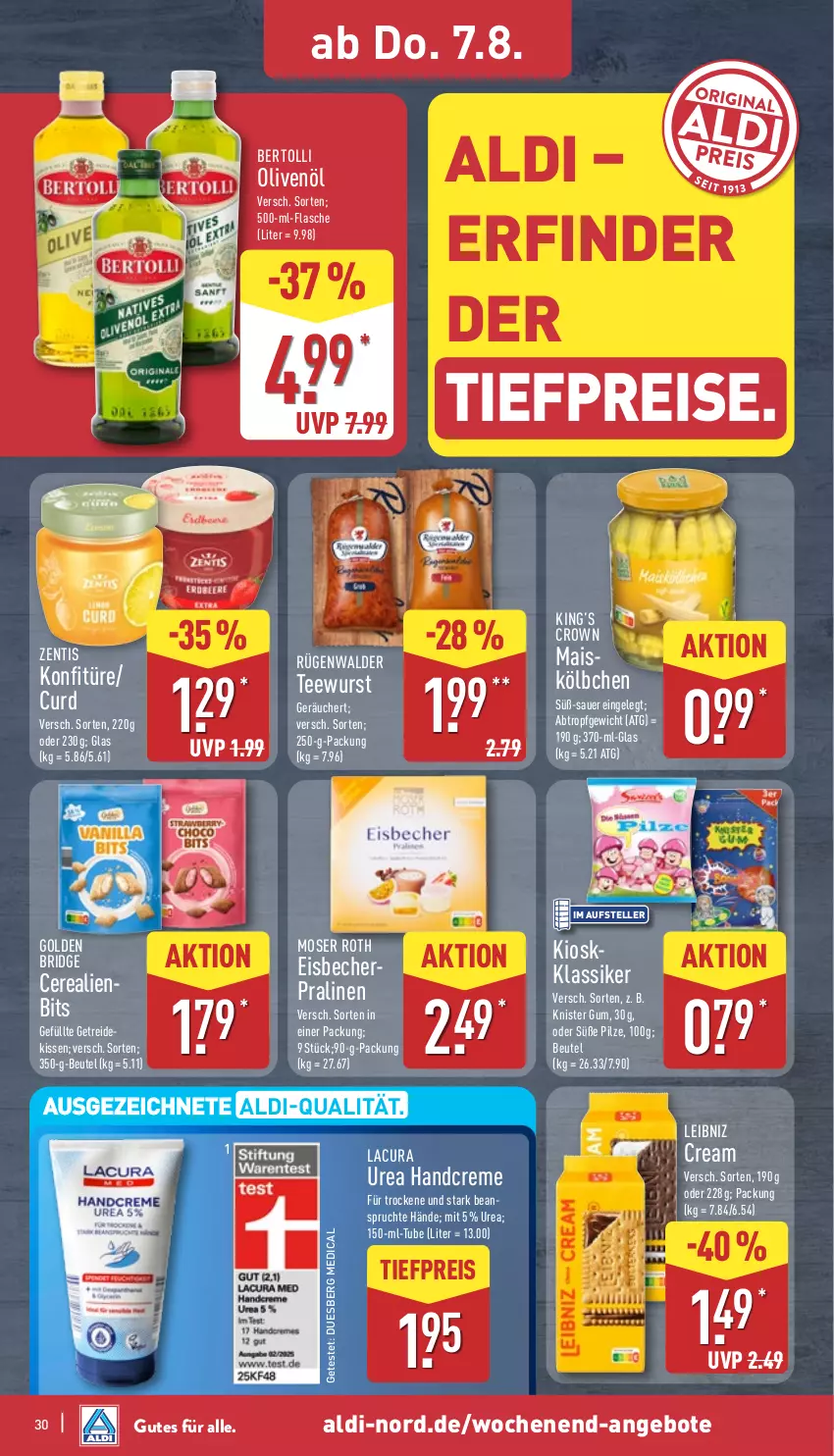Aktueller Prospekt Aldi Nord - Von Montag - von 04.08 bis 09.08.2025 - strona 30 - produkty: aldi, angebot, angebote, auer, Becher, bertolli, beutel, cerealien, creme, eis, eisbecher, elle, flasche, handcreme, kissen, konfitüre, leibniz, mais, moser, Moser Roth, olive, oliven, olivenöl, pilze, pralinen, reis, rügenwalder, tee, teewurst, teller, Ti, tiefpreis, wurst, zentis