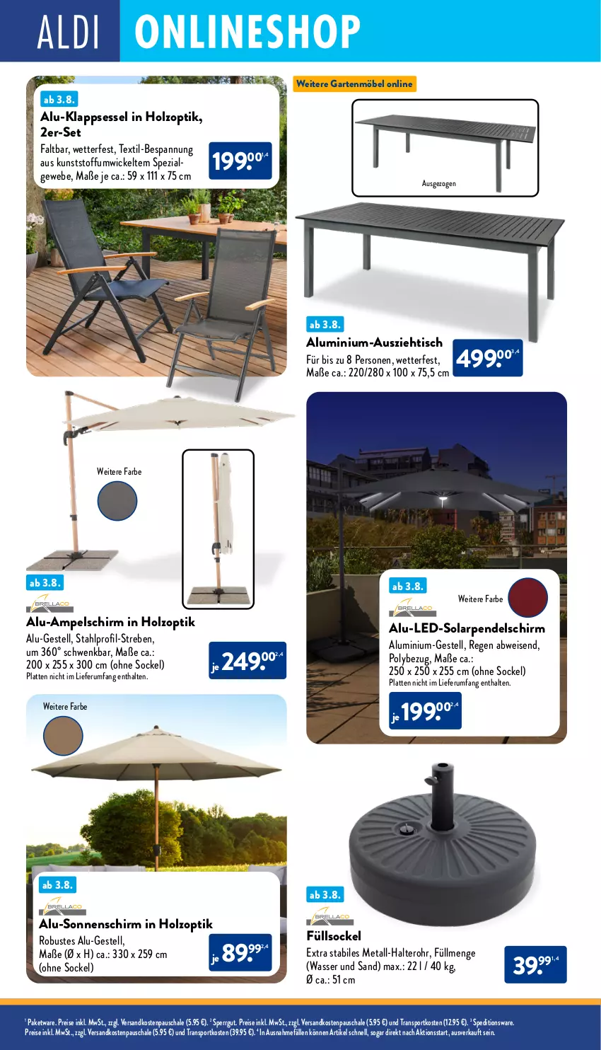 Aktueller Prospekt Aldi Nord - Von Montag - von 04.08 bis 09.08.2025 - strona 32 - produkty: alu-klappsessel, ampelschirm, eis, Garten, gartenmöbel, Holz, klappsessel, latte, LG, möbel, ndk, reis, rum, Schal, Schale, sessel, sonnenschirm, Spezi, Sport, Ti, tisch, wasser, WICK