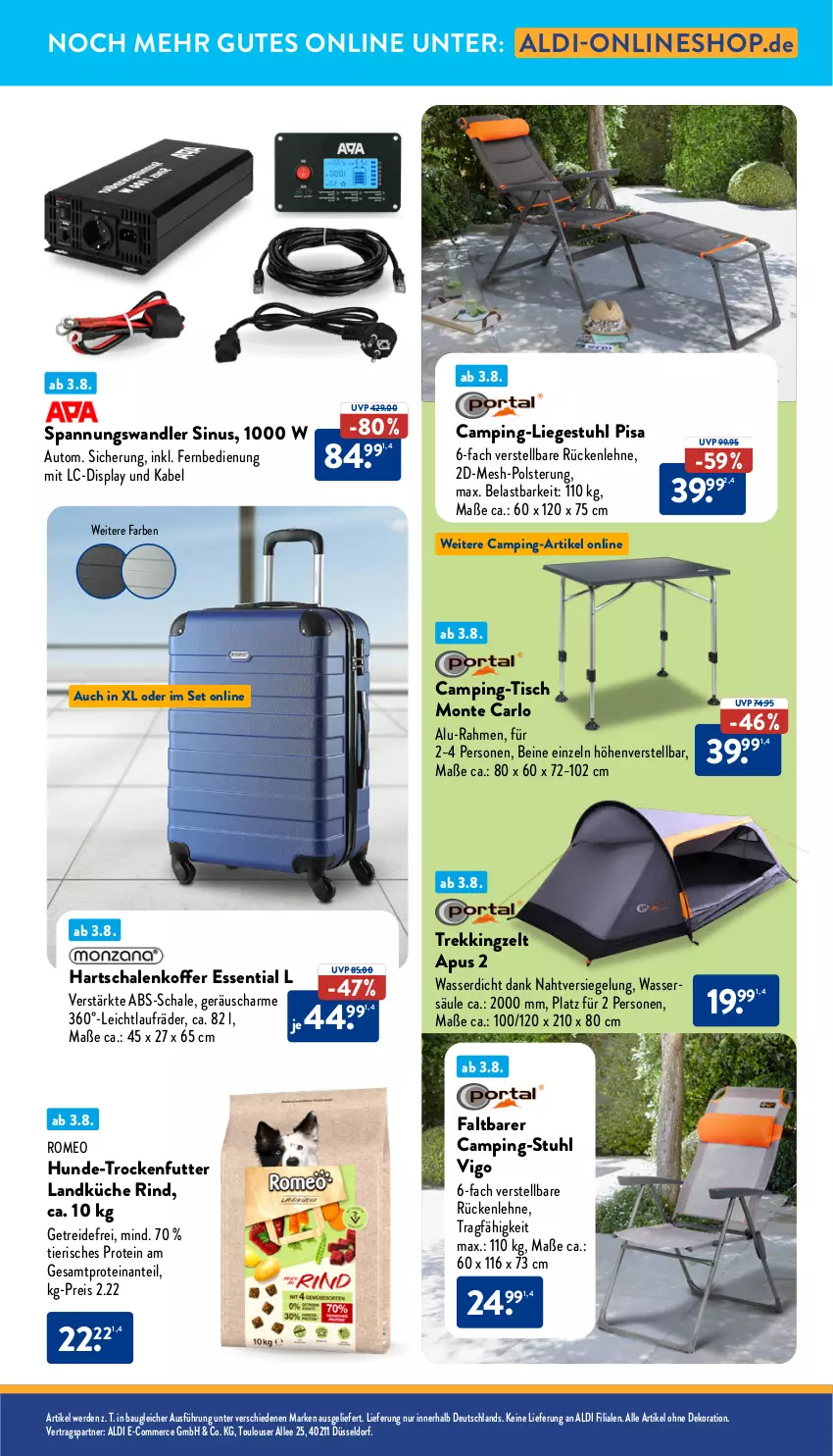 Aktueller Prospekt Aldi Nord - Von Montag - von 04.08 bis 09.08.2025 - strona 33 - produkty: aldi, arlo, auto, Bau, dekoration, eis, erde, fernbedienung, gsw, Hartschalenkoffer, koffer, küche, landküche, laufräder, Liege, monte, ndk, reis, rind, rückenlehne, Schal, Schale, stuhl, Ti, tisch, Trekkingzelt, trockenfutter, wasser, Zelt