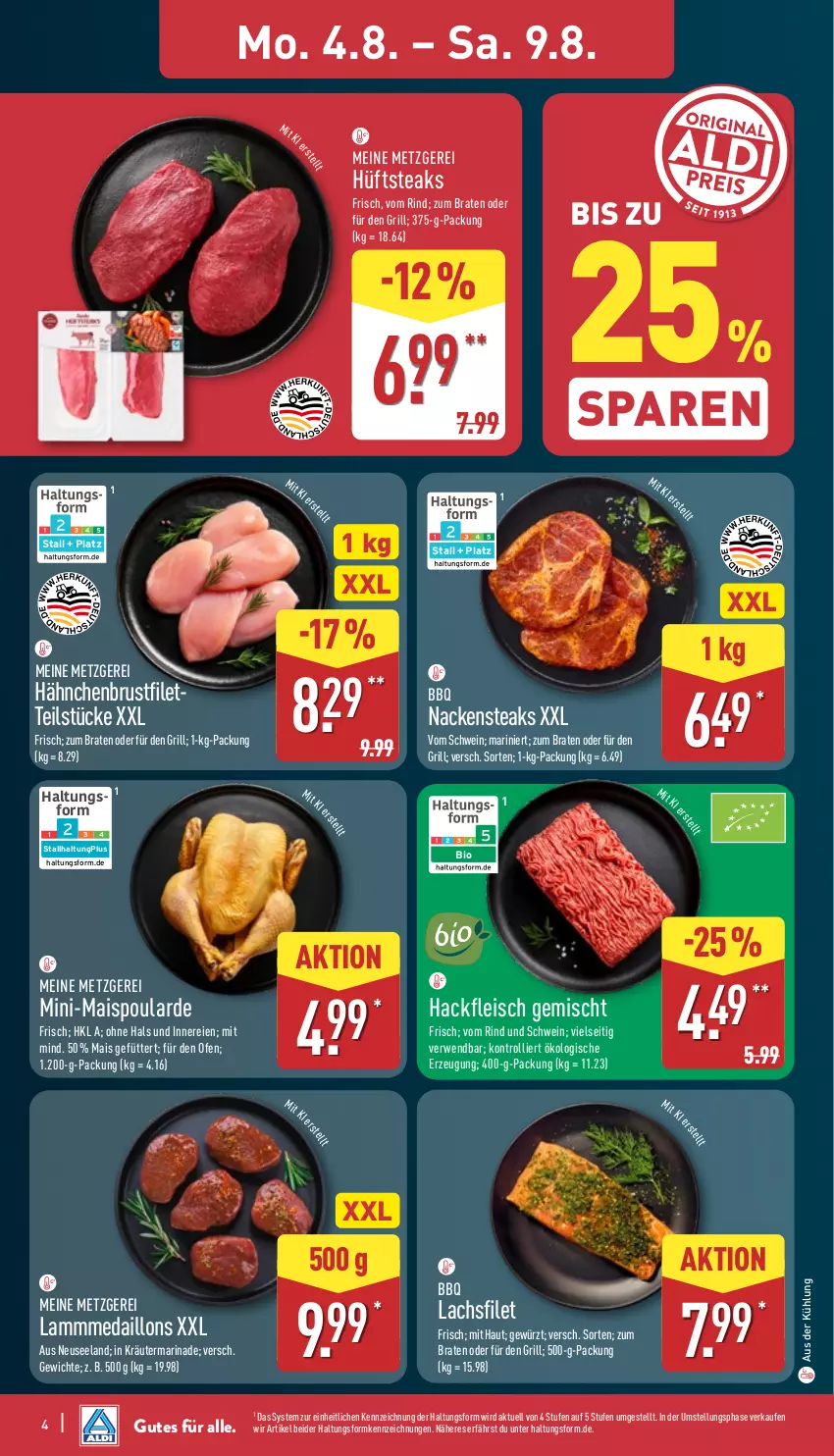 Aktueller Prospekt Aldi Nord - Von Montag - von 04.08 bis 09.08.2025 - strona 4 - produkty: bio, braten, brustfilet, eis, Elan, filet, fleisch, gewürz, grill, hackfleisch, hackfleisch gemischt, hüftsteak, hüftsteaks, kräuter, lachs, lachsfilet, lamm, mais, marinade, medaillons, Ofen, rind, rwe, schwein, steak, steaks, Ti, trolli, wein