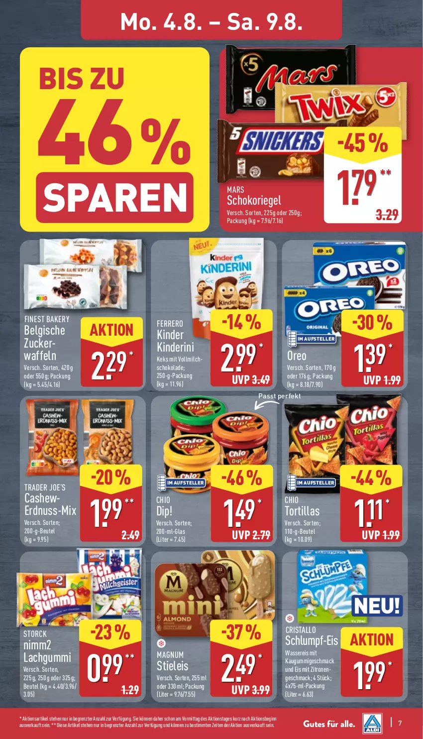 Aktueller Prospekt Aldi Nord - Von Montag - von 04.08 bis 09.08.2025 - strona 7 - produkty: beutel, Cashew, dip, eis, elle, erdnuss, ferrero, gin, kaugummi, keks, Kinder, lachgummi, LG, mac, magnum, mars, milch, nimm2, nuss, oreo, reis, riegel, schoko, schokolade, stieleis, storck, teller, Ti, tortilla, tortillas, vollmilch, waffeln, wasser, wassereis, zitrone, zitronen, ZTE, zucker