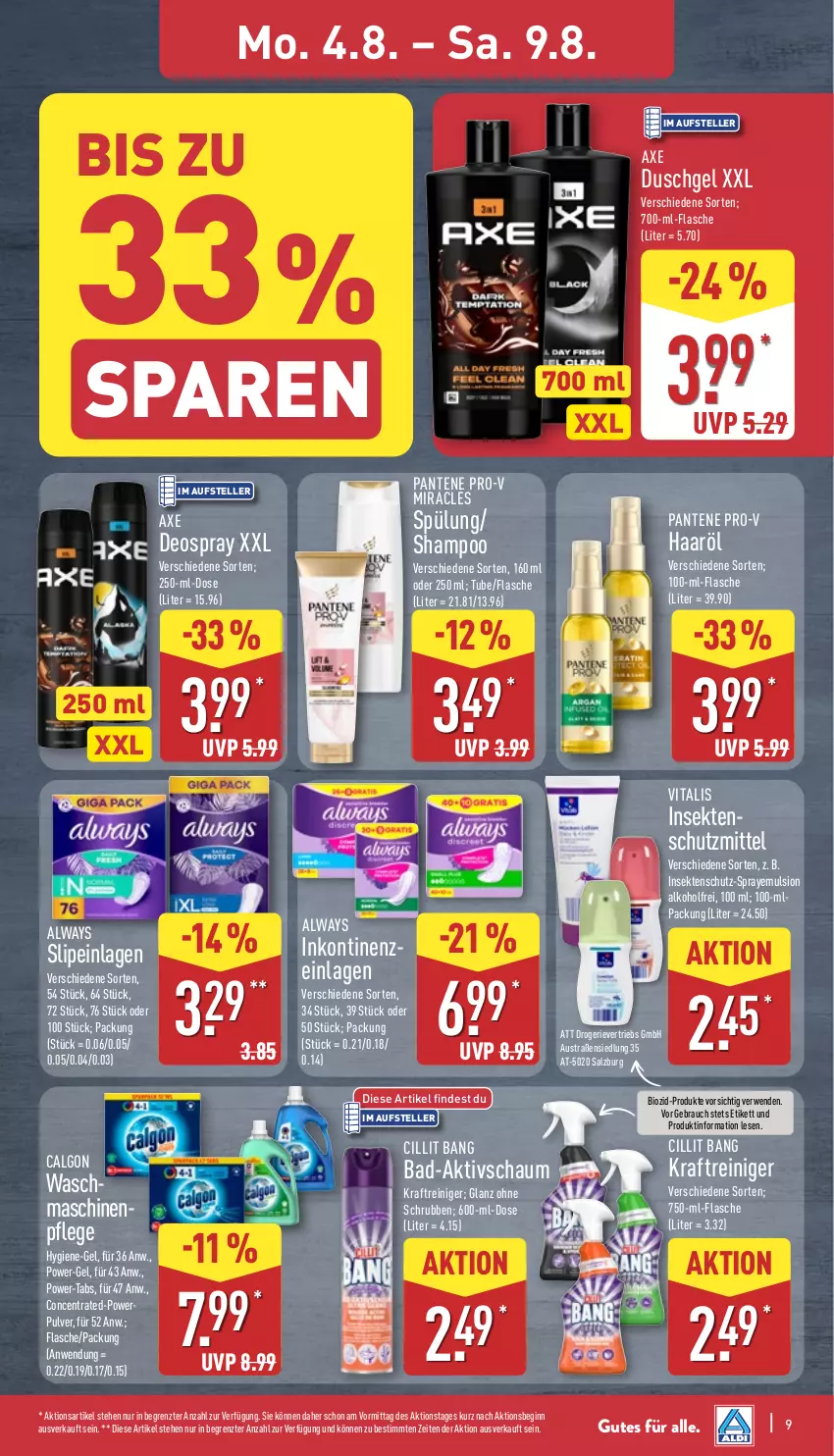 Aktueller Prospekt Aldi Nord - Von Montag - von 04.08 bis 09.08.2025 - strona 9 - produkty: alkohol, Alwa, Always, aust, axe, axe duschgel, Bad, bio, calgon, Cillit, cillit bang, deo, deospray, duschgel, elle, flasche, gin, insektenschutz, kraft, LG, pantene, pantene pro-v, power-gel, pro-v, Rauch, reiniger, rwe, salz, sekt, shampoo, slip, slipeinlagen, spülung, teller, Ti, vita, vitalis, ZTE