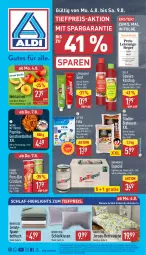 Gazetka promocyjna Aldi Nord - Von Montag - Gazetka - ważna od 09.08 do 09.08.2025 - strona 1 - produkty: aldi, bett, Betttuch, bettwäsche, bier, bratwurst, eis, feta, flasche, garnitur, geschnetzeltes, gewürz, gewürzketchup, gin, Hela, jersey-bettwäsche, ketchup, kissen, Lagerbier, lebensmittel, LG, löwensenf, milch, Nektar, nektarinen, paprika, pom-bär, Rauch, reifen, reis, senf, Ti, tiefpreis, tuc, wurst, Yo, Zelt, ZTE