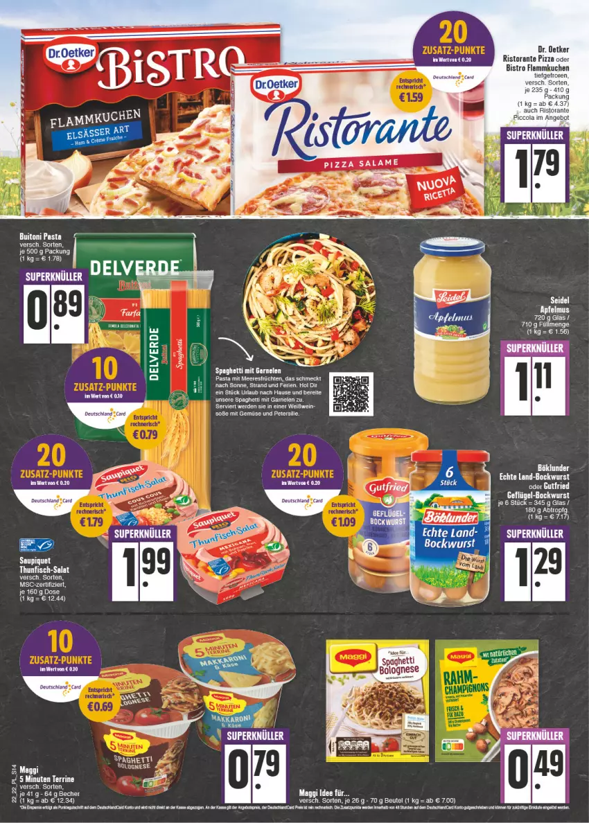 Aktueller Prospekt E Center - Angebote der Woche - von 30.05 bis 04.06.2022 - strona 14 - produkty: angebot, apfel, apfelmus, Becher, beutel, bockwurst, bolognese, cola, deutschland card, Dr. Oetker, erde, fisch, flammkuchen, garnelen, Geflügel, gutfried, kuchen, lamm, maggi, mit gemüse, petersilie, pizza, ristorante, ristorante pizza, salat, saupiquet, Soße, spaghetti, tee, thunfisch, Ti, Tiere, wein, Weißwein, weißwein-, wurst