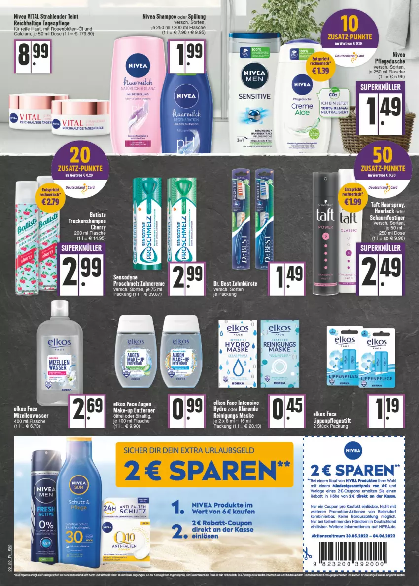 Aktueller Prospekt E Center - Angebote der Woche - von 30.05 bis 04.06.2022 - strona 22 - produkty: Abba, arla, bambus, Blüte, Calcium, deka, dusche, elkos, elle, ente, flasche, Haarlack, HP, lack, Lippenpflege, Make-up, Maske, milch, mizellen, nivea, pflegedusche, Reinigung, rosen, rum, sensodyne, shampoo, shampoo oder spülung, spülung, Tagespflege, Ti, Trockenshampoo, vita, wasser, Wild