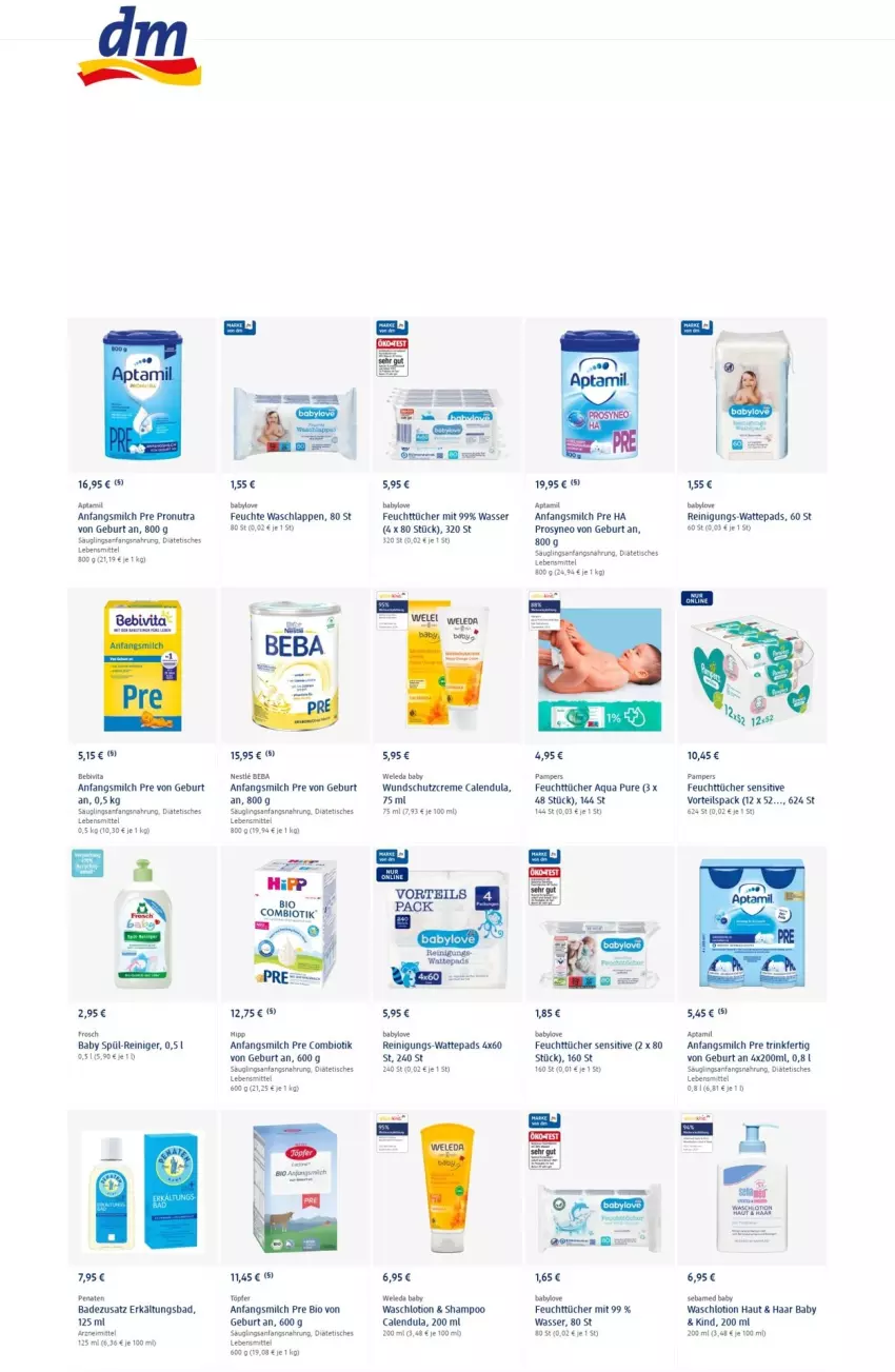 Aktueller Prospekt Dm Drogerie - Prospekte - von 10.03 bis 16.03.2022 - strona 8 - produkty: aqua, Baby Wundschutzcreme, Babylove, Bad, Beba, bebivita, bio, Calendula, creme, feuchttücher, Frosch, hipp, lebensmittel, Lotion, milch, pampers, penaten, reiniger, Reinigung, Schutzcreme, sebamed, shampoo, Ti, tisch, tücher, vita, waschlappen, Waschlotion, wasser, wattepads, weleda